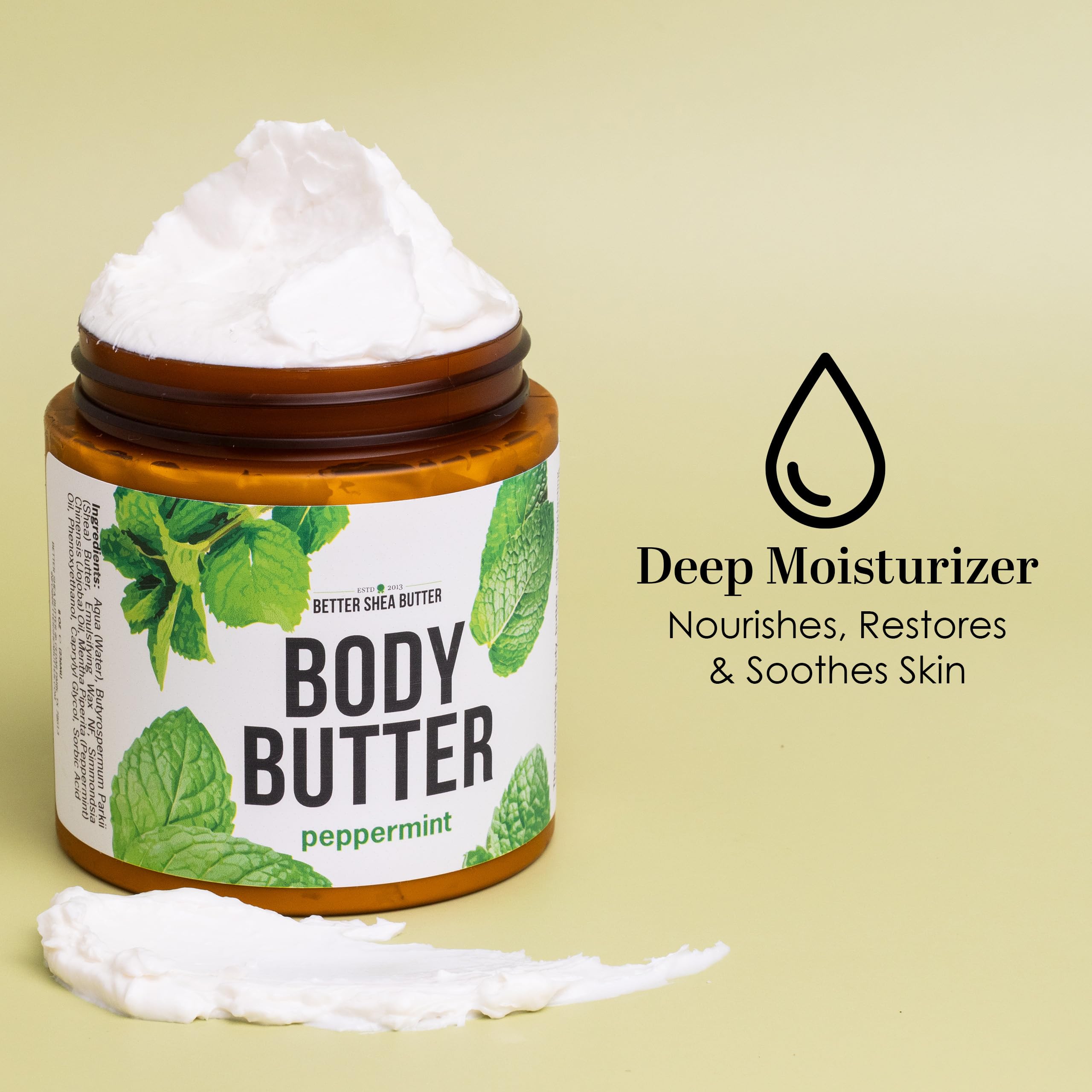 Better Shea Butter Peppermint Lotion ingredients highlight raw shea butter and jojoba oil.