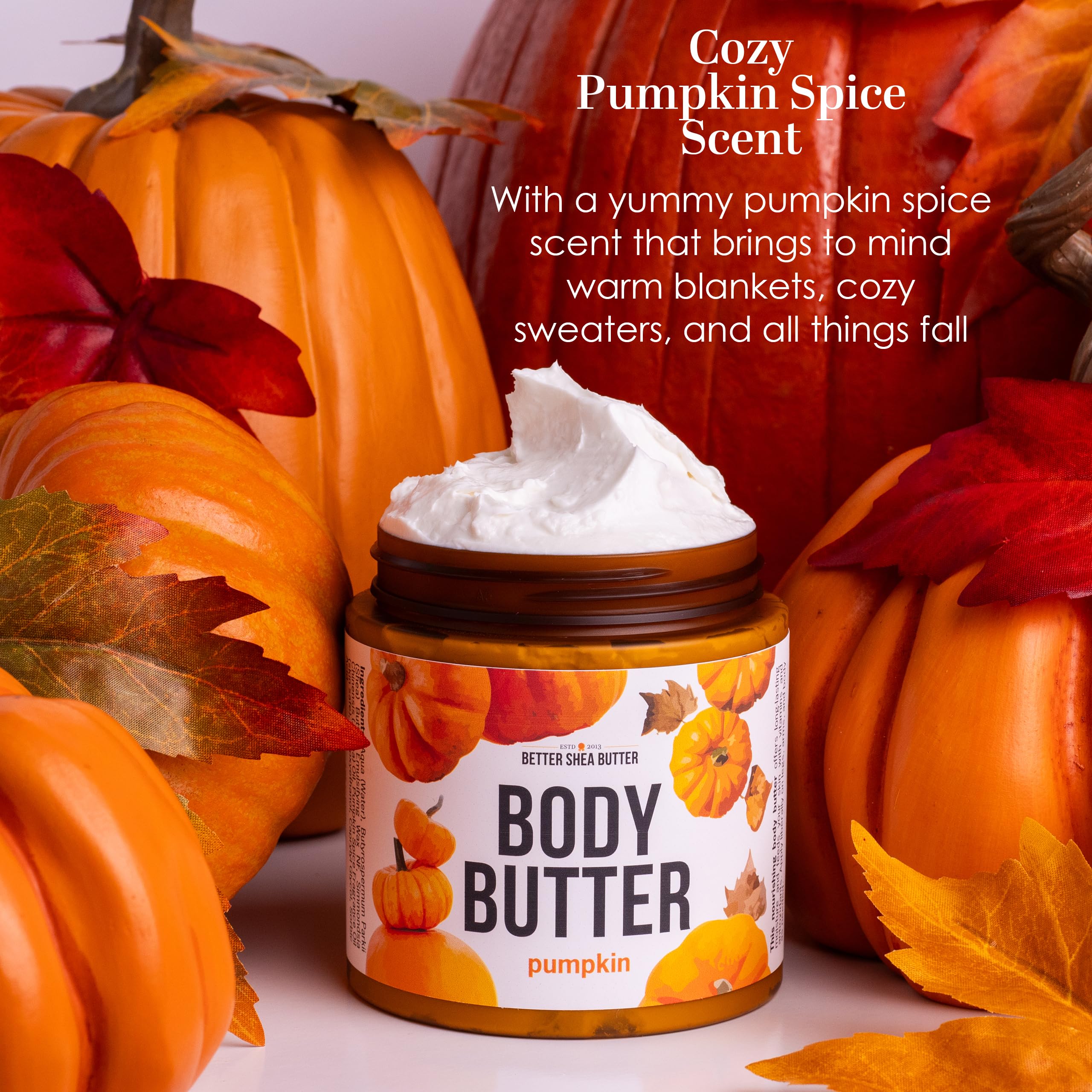 Better Shea Butter pumpkin body butter jar shows smooth whipped texture for easy application.