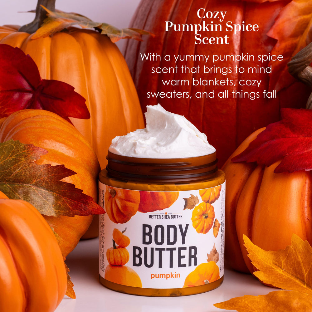 Better Shea Butter pumpkin body butter jar shows smooth whipped texture for easy application.