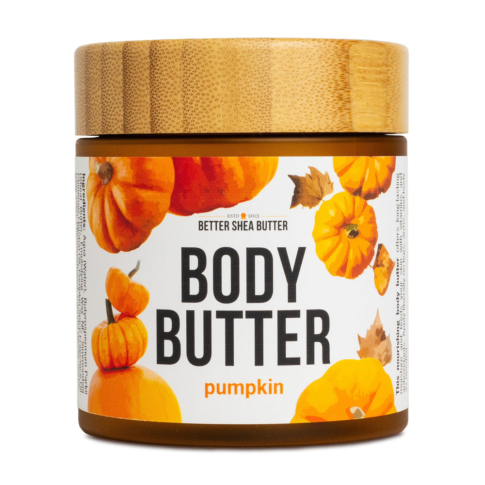 Better Shea Butter pumpkin body butter packaging for premium fall hydration.