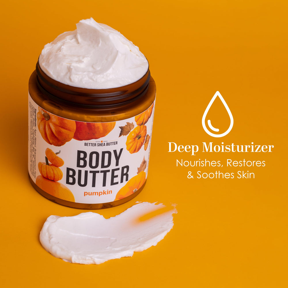 Better Shea Butter pumpkin body butter texture close-up highlighting whipped consistency.