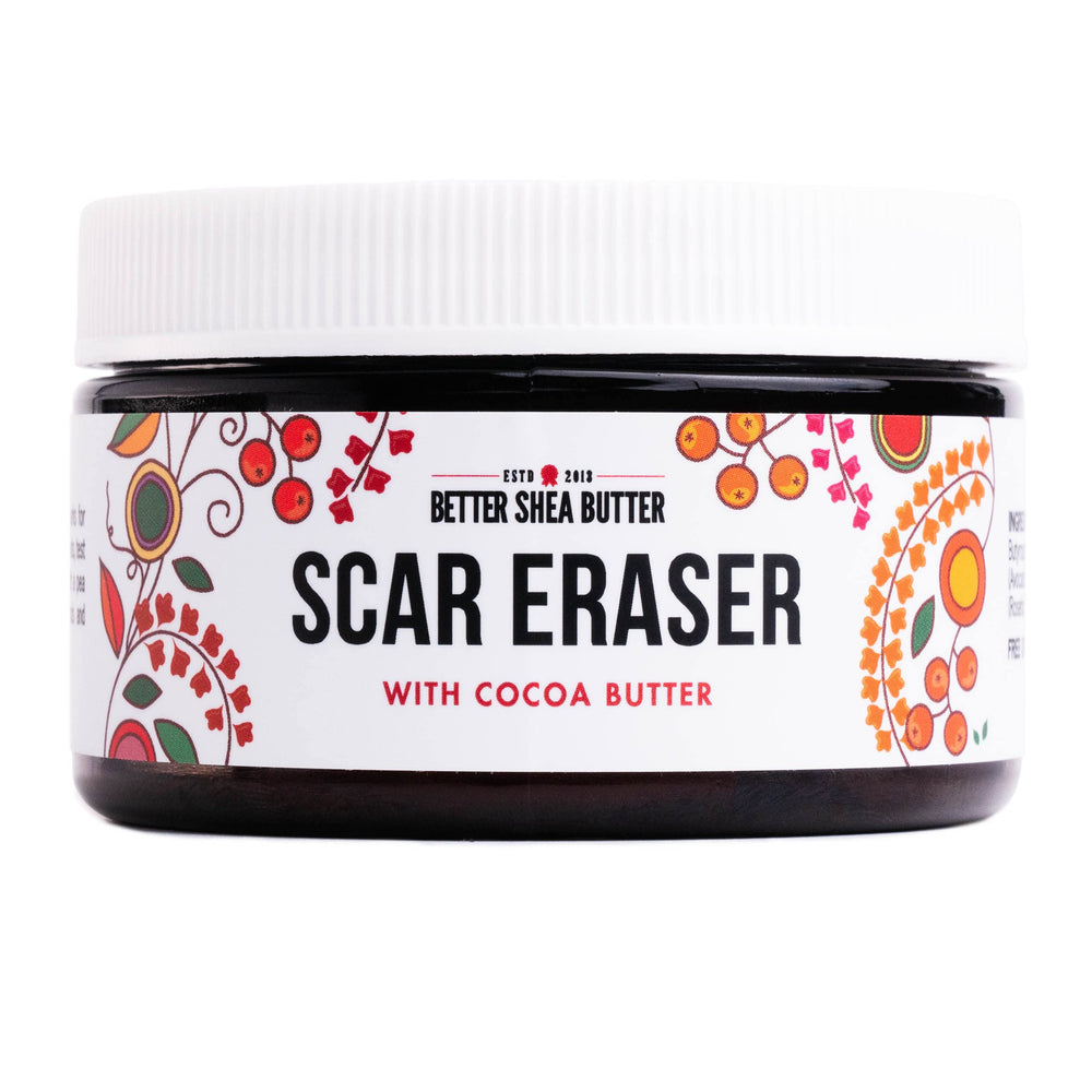 Better Shea Butter Scar Eraser Balm bottle shows premium cocoa butter hydration for scars.