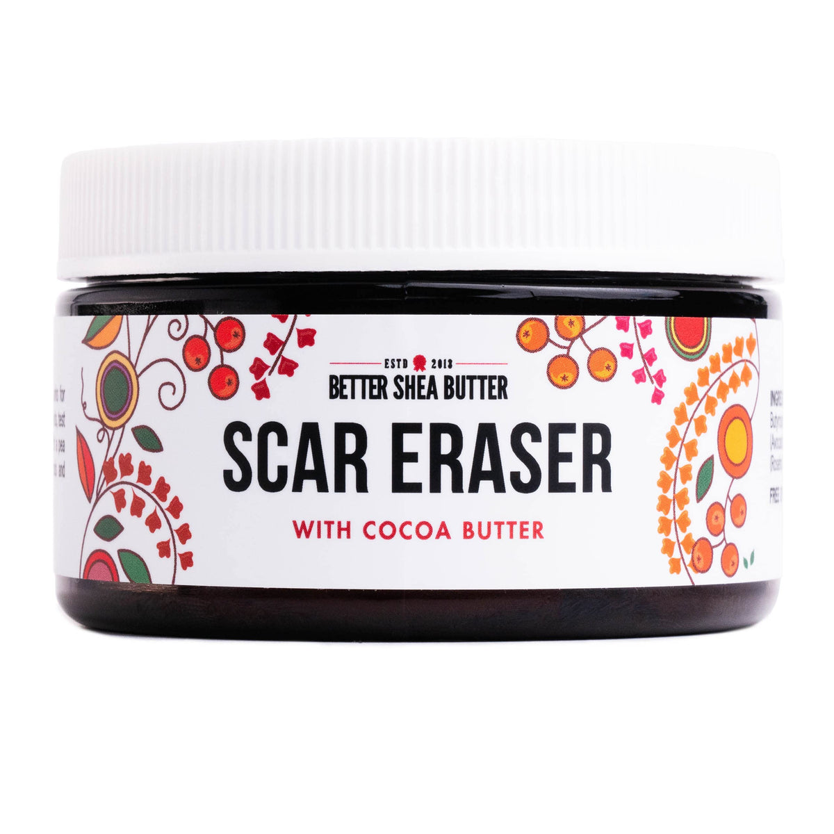 Better Shea Butter Scar Eraser Balm bottle shows premium cocoa butter hydration for scars.