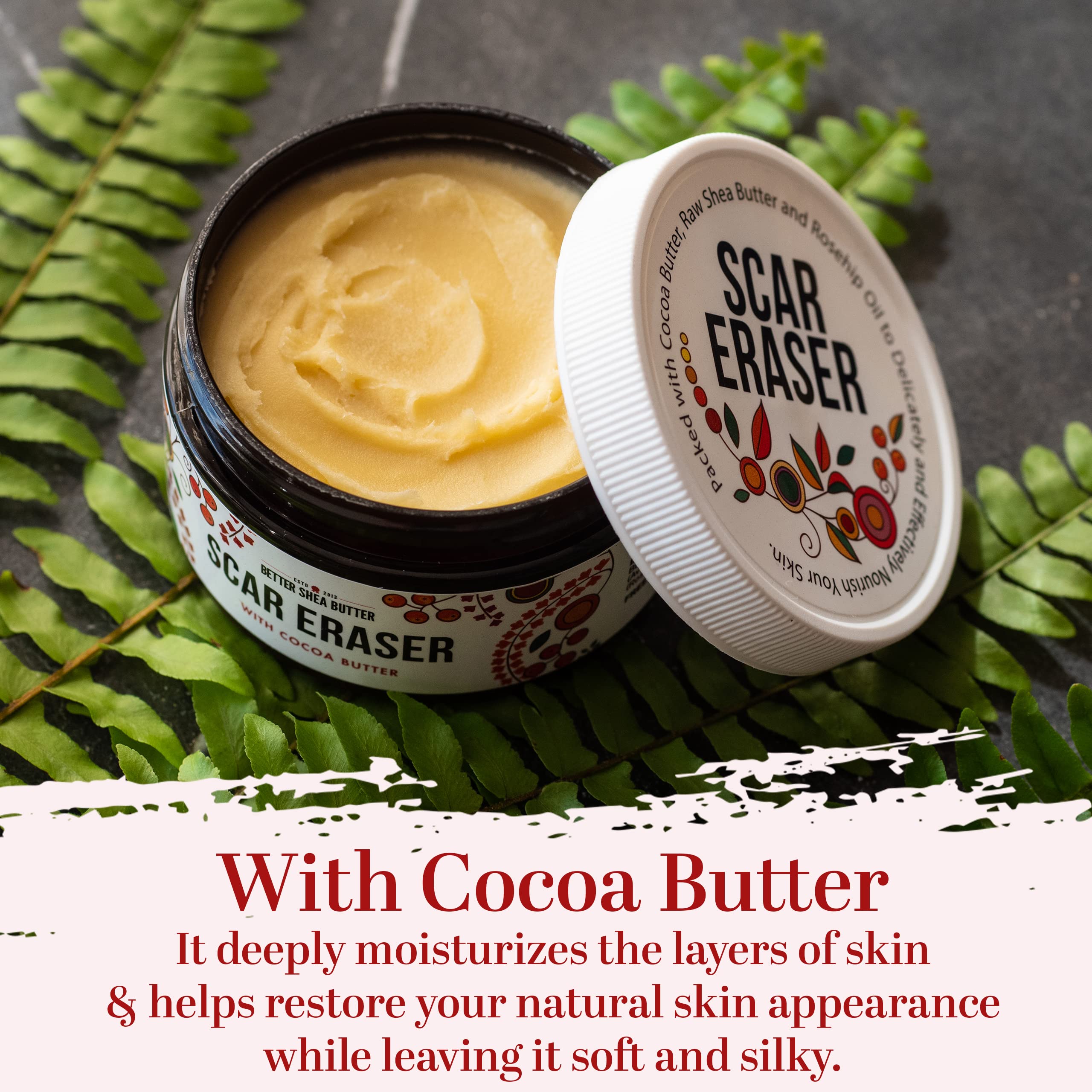 Better Shea Butter Scar Eraser Balm label shows small-batch heritage.