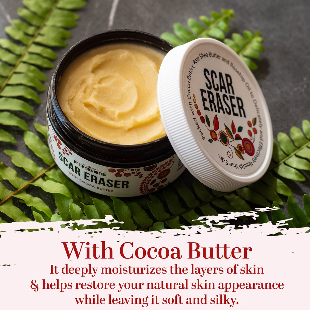 Better Shea Butter Scar Eraser Balm label shows small-batch heritage.