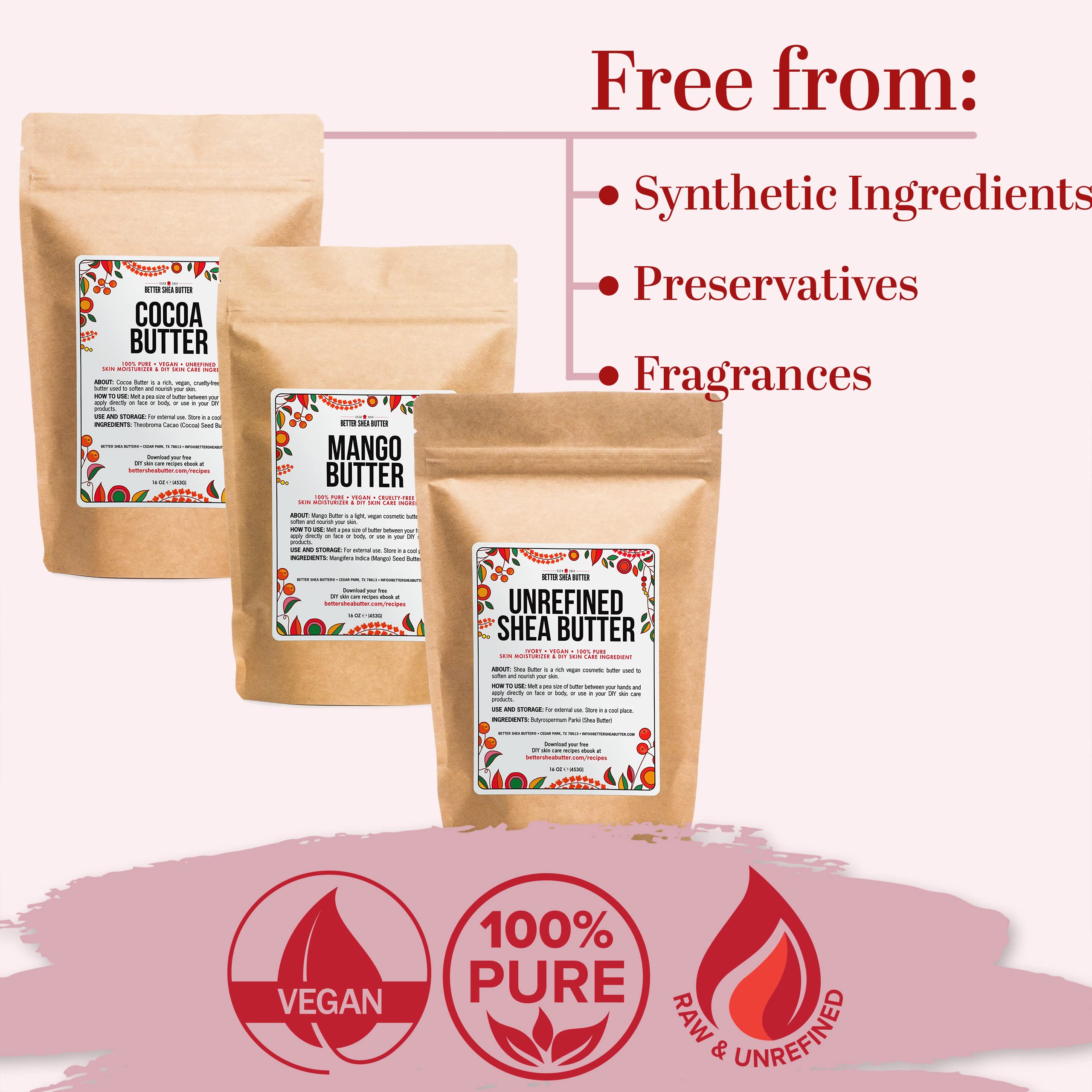 Better Shea Butter unrefined cocoa butter 16oz block for emollient DIY balms.