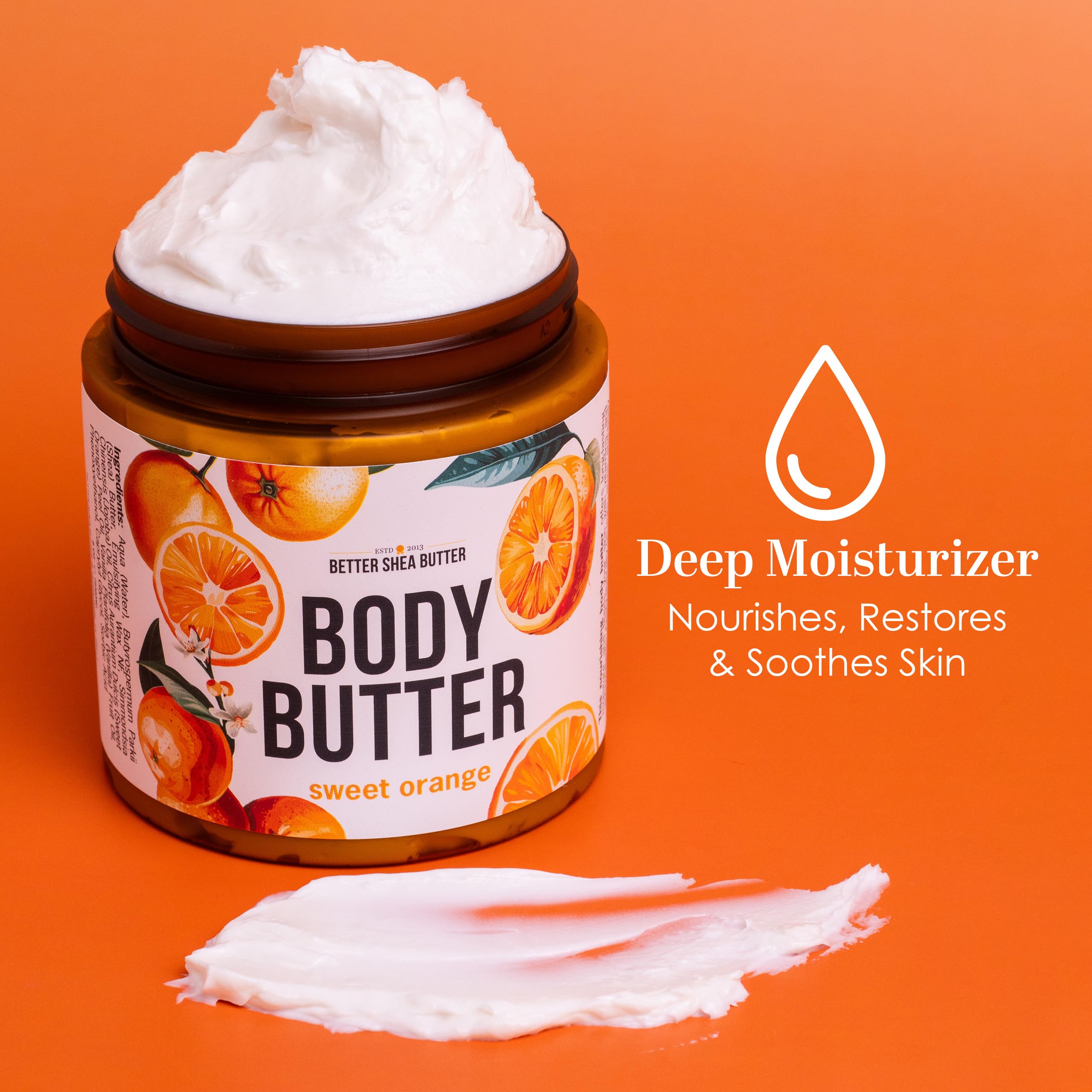 Better Shea Butter whipped texture with orange vanilla scent for smooth skin.