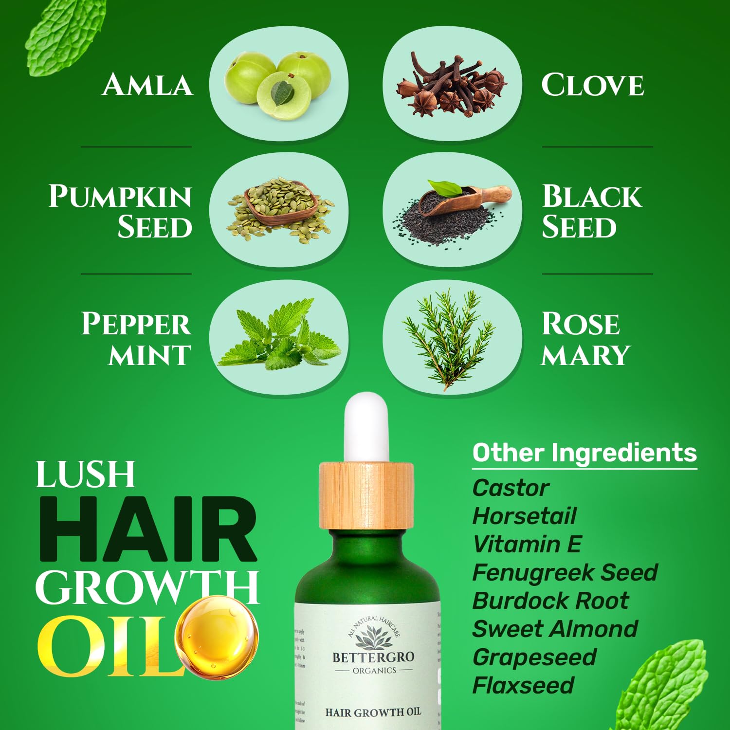 BetterGRO herbal ingredients close-up highlighting rosemary, black seed, amla for nourishing scalp care.