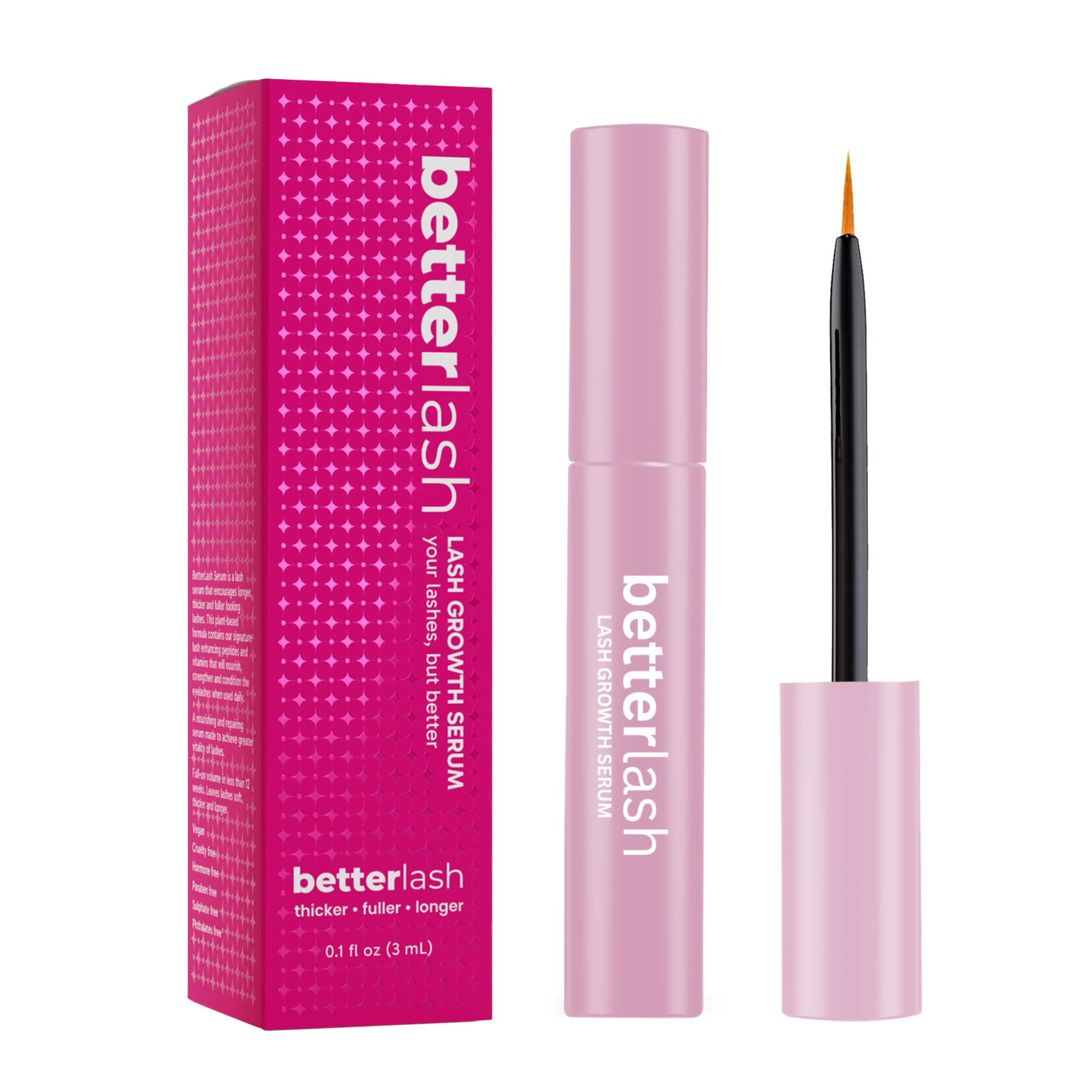 BetterLash Lash Growth Serum bottle suggests fuller lashes with peptide formula.