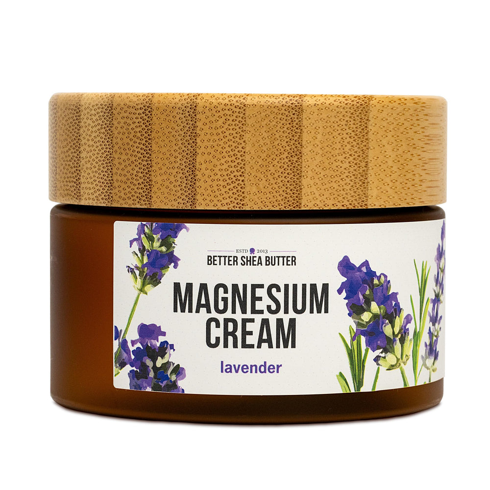 Better Shea Butter magnesium cream lavender jar shows soothing relief for tense muscles