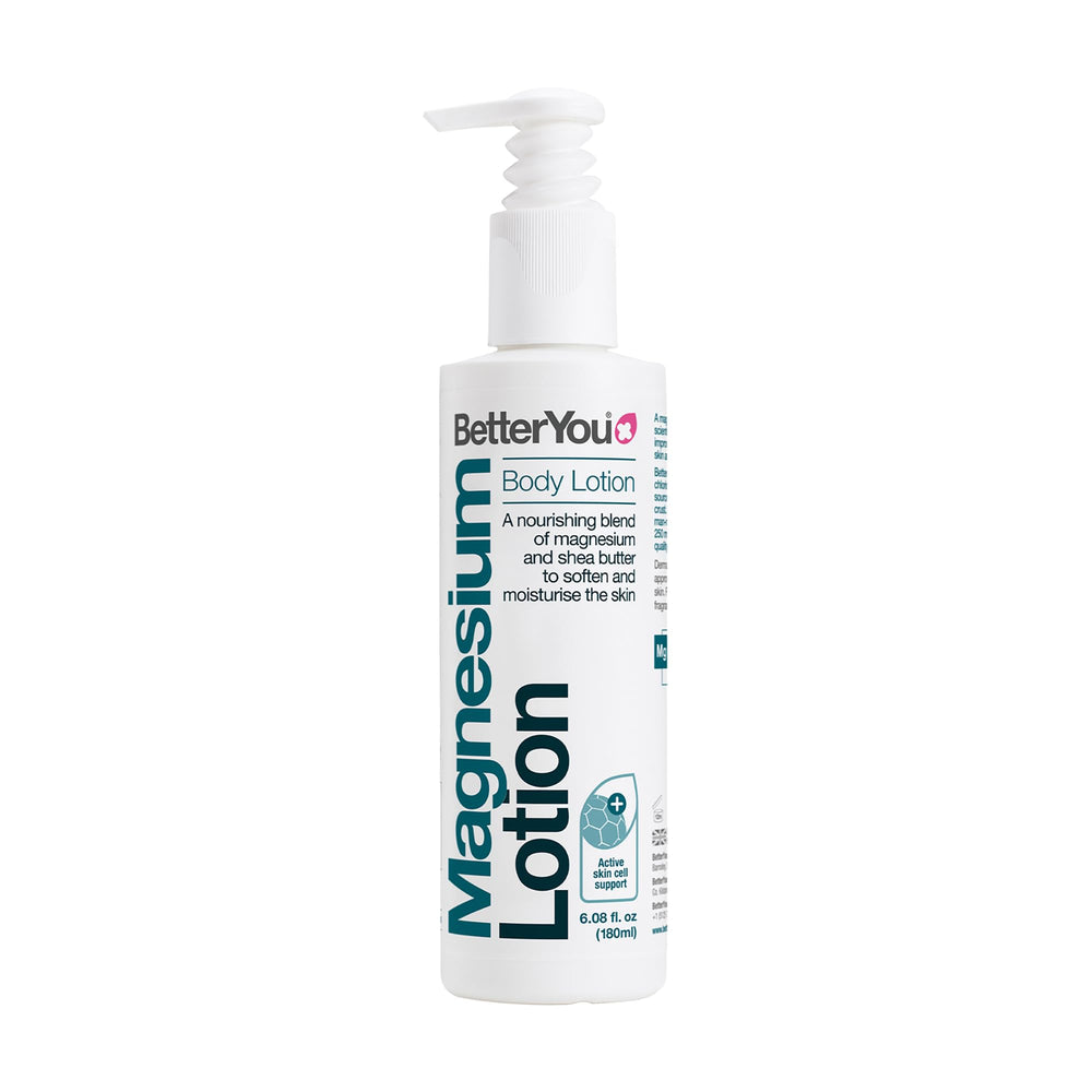 BetterYou Magnesium Body Lotion bottle promotes skin hydration and muscle relaxation.