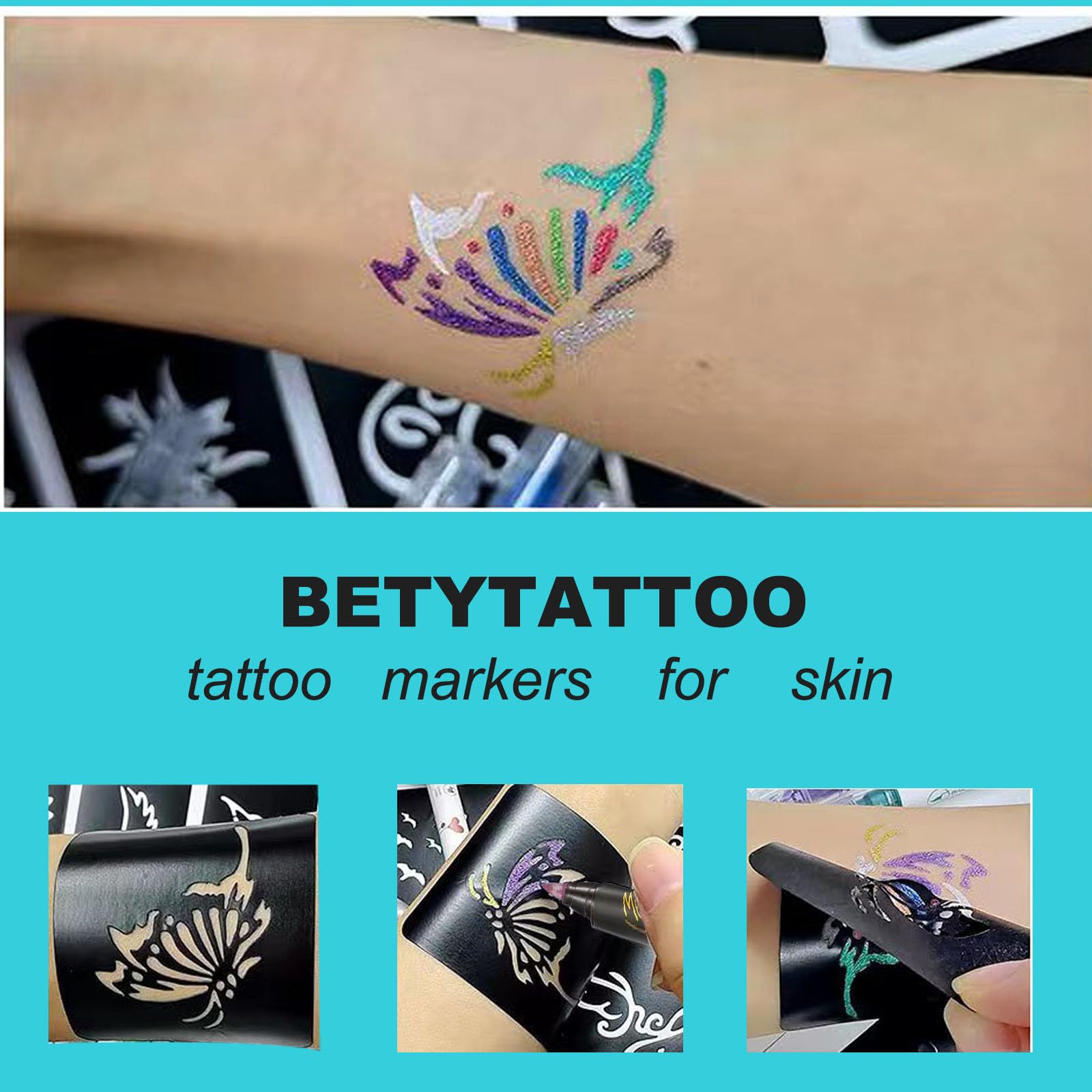 Betytattoo hand drawing on skin shows quick-dry color markers.