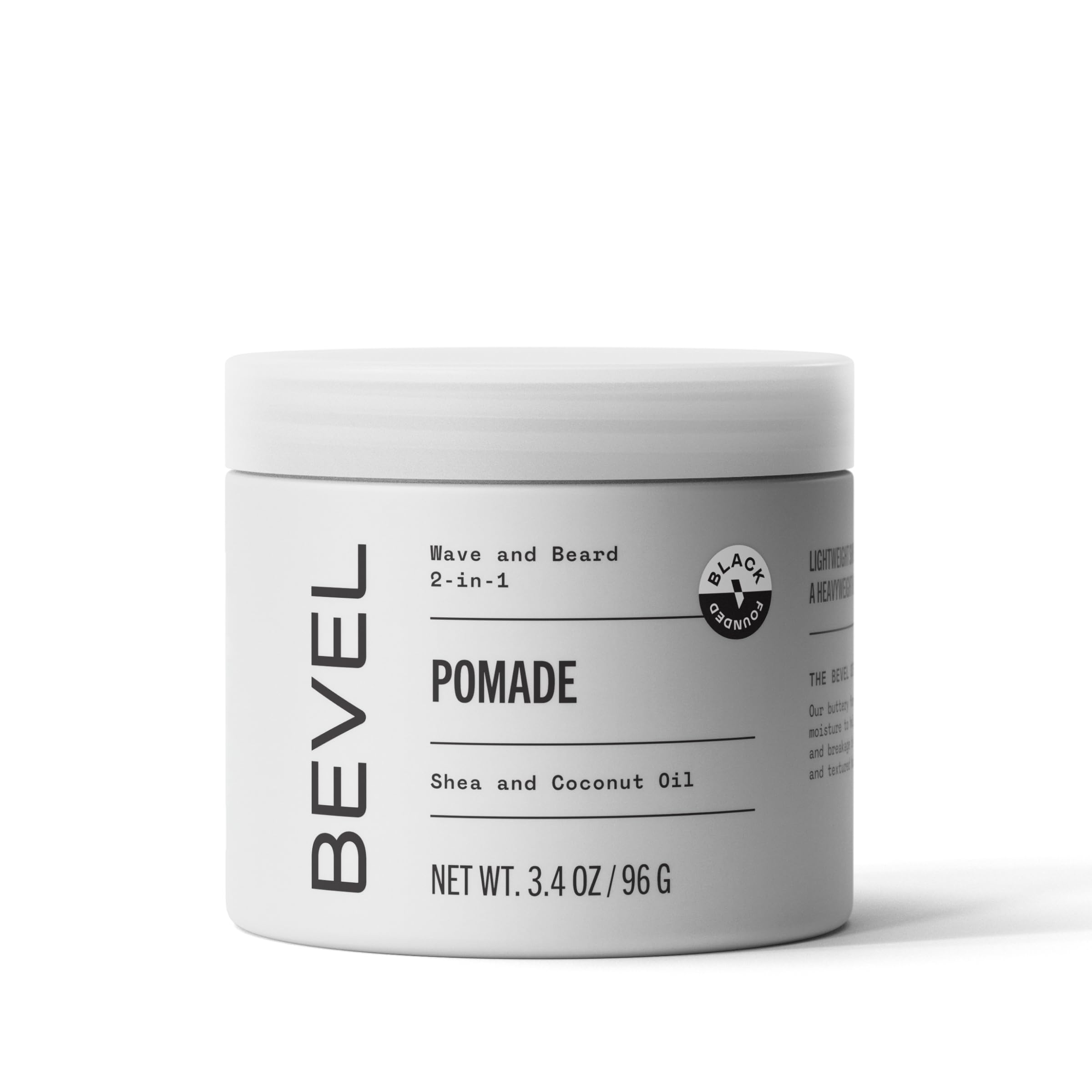 Bevel beard balm jar close-up, creamy moisture for softer facial hair.