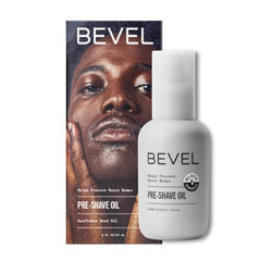 Bevel Pre Shave Oil ingredients image shows castor, olive, tea tree for hydration.