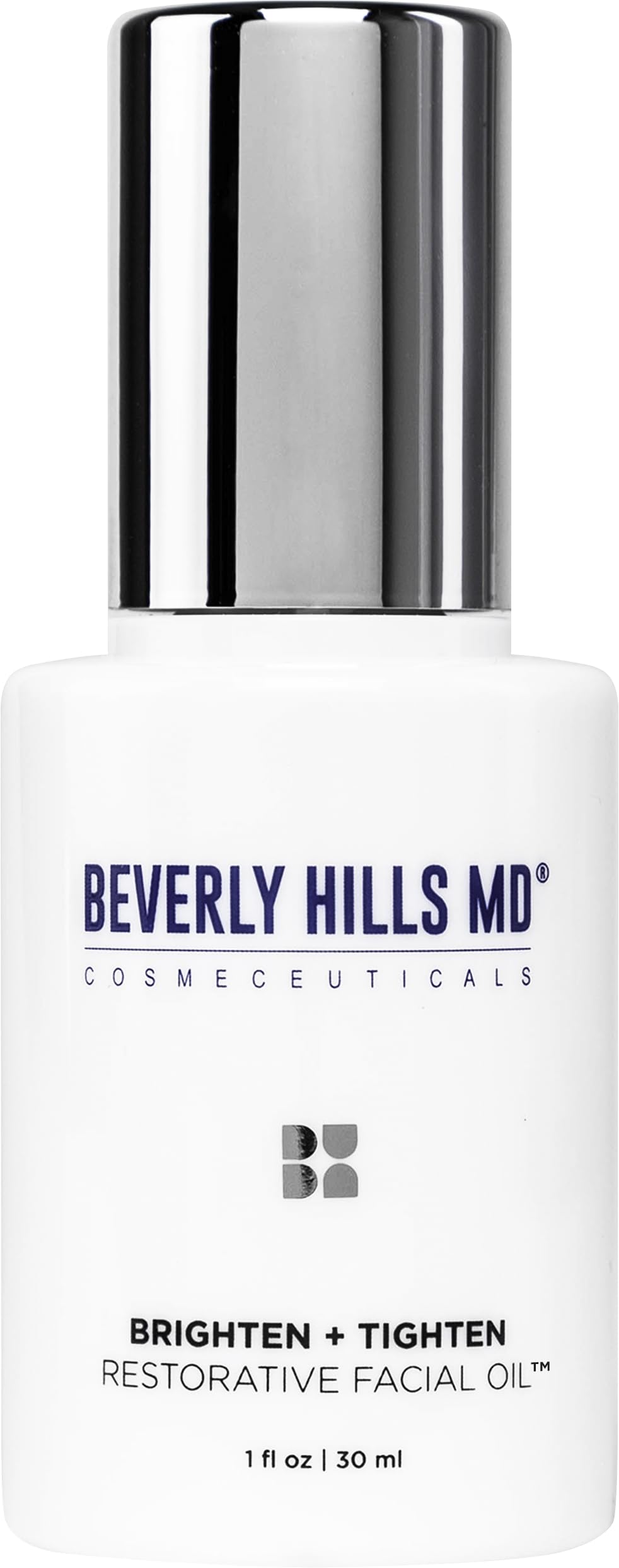 Beverly Hills MD Brighten + Tighten oil bottle on a clean vanity for premium daily care.