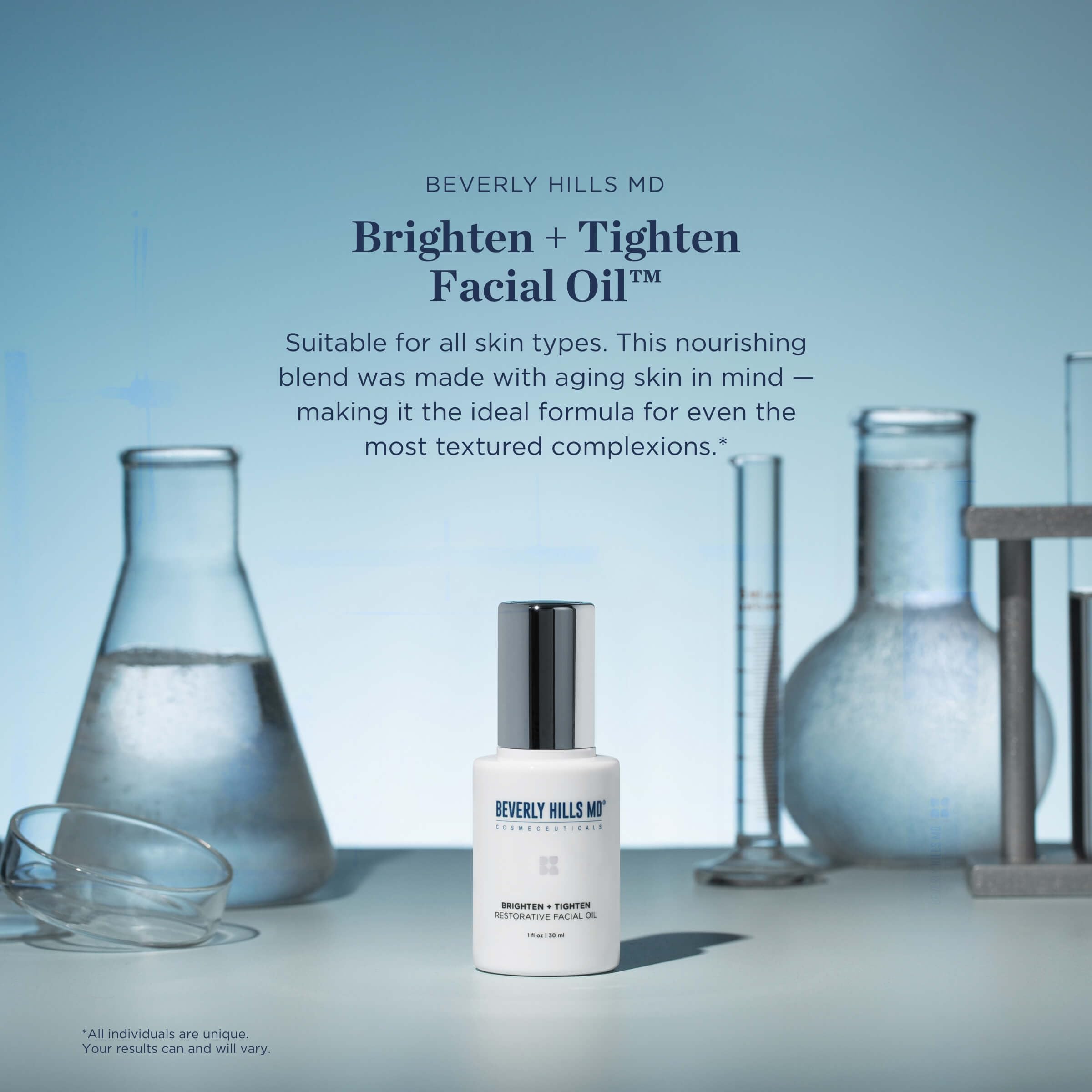 Beverly Hills MD Brighten + Tighten oil applied under makeup for a smooth base.
