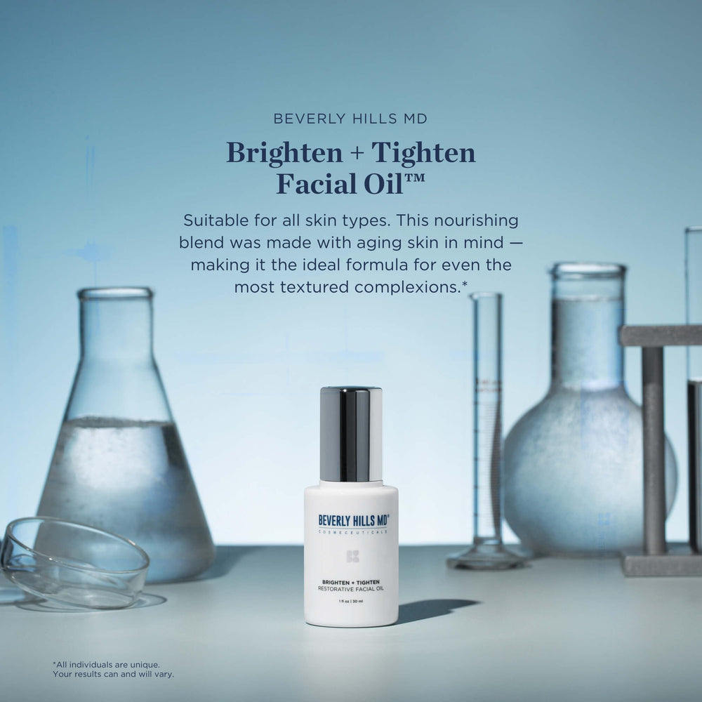 Beverly Hills MD Brighten + Tighten oil applied under makeup for a smooth base.