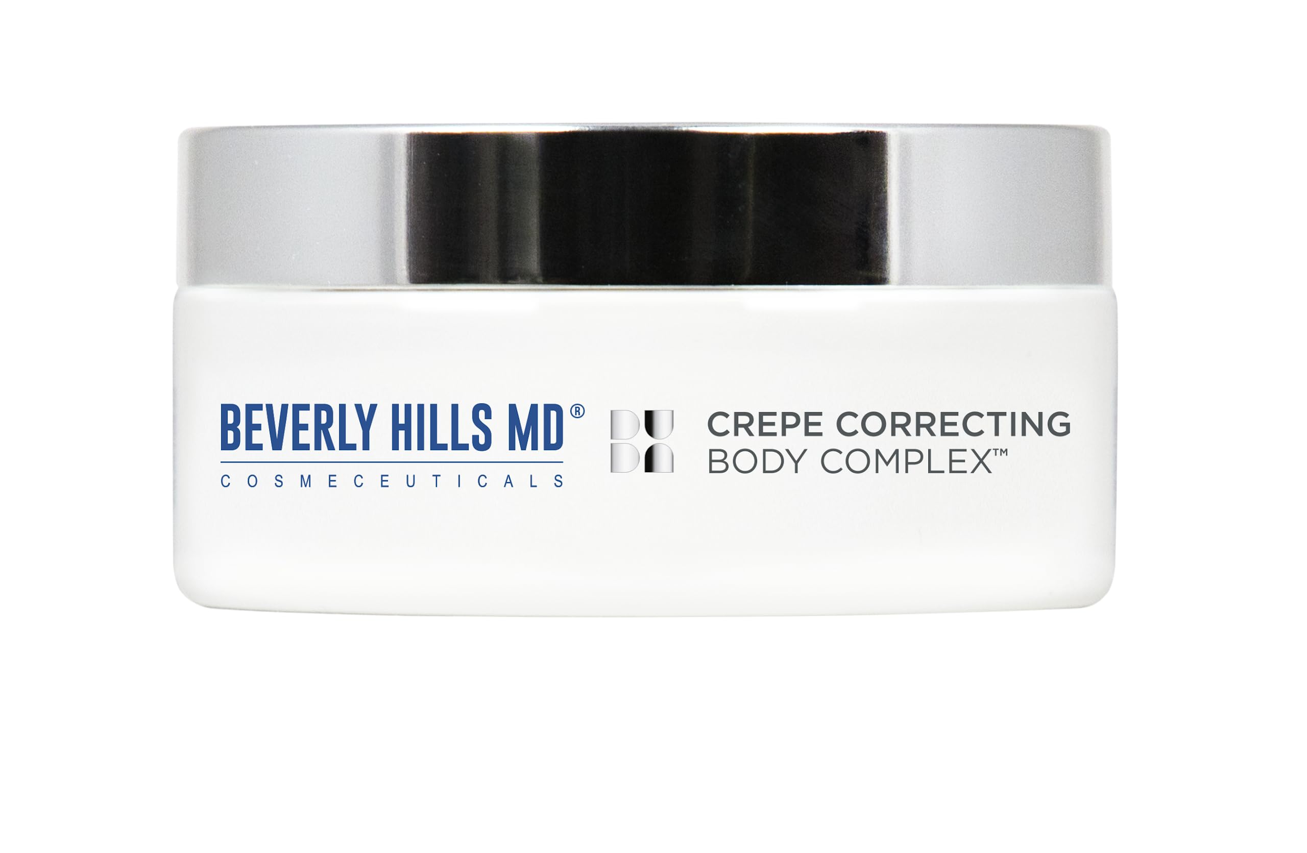 Beverly Hills MD Crepe Correcting Body Complex jar front showing rich hydration for smoother skin