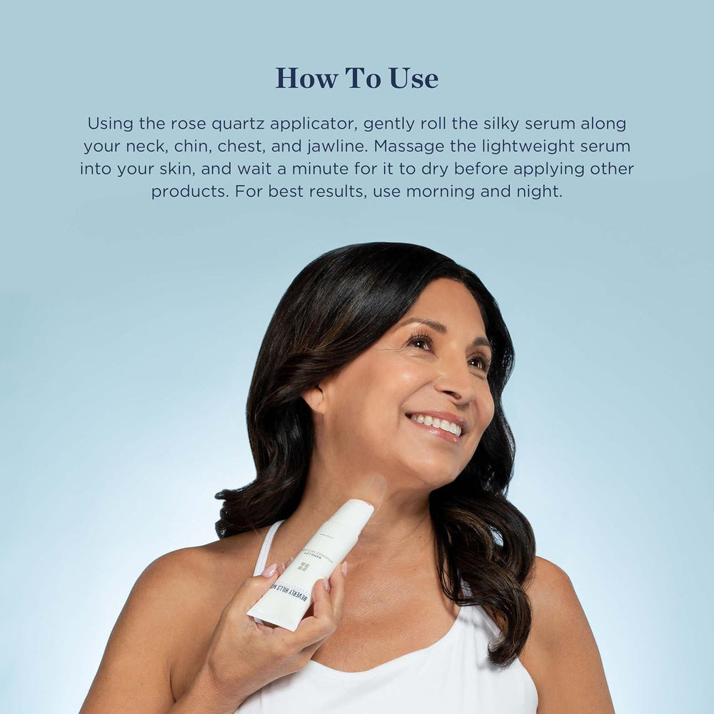 Beverly Hills MD Rapid-Lift Neck Serum packaging shown with sleek design for smoother décolletage.