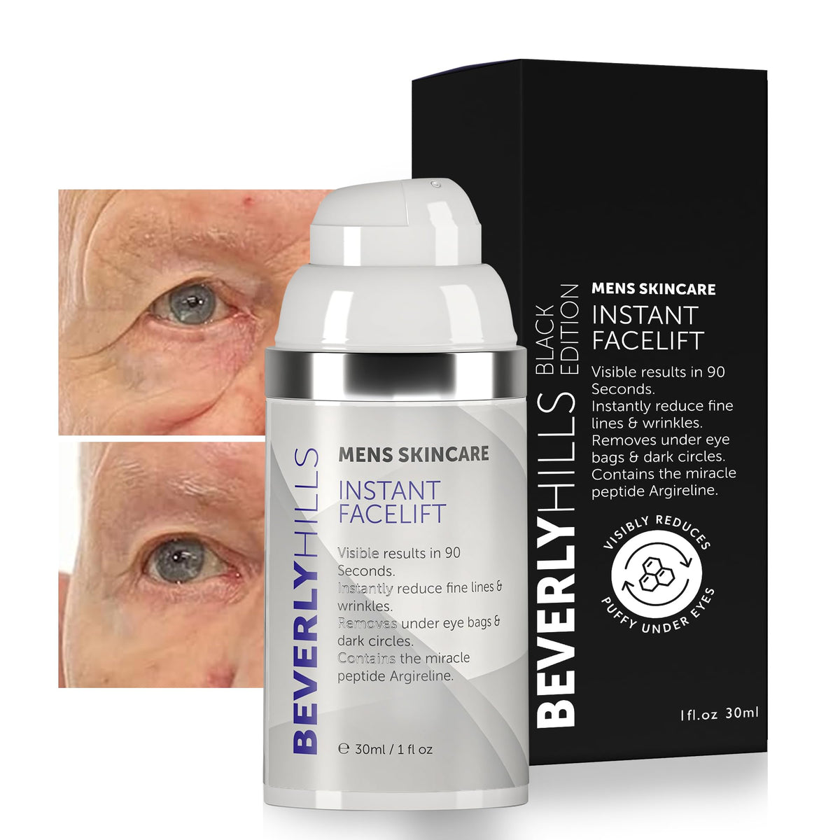 BEVERLY HILLS MENS INSTANT FACELIFT SERUM bottle pour illustrating a quick lift