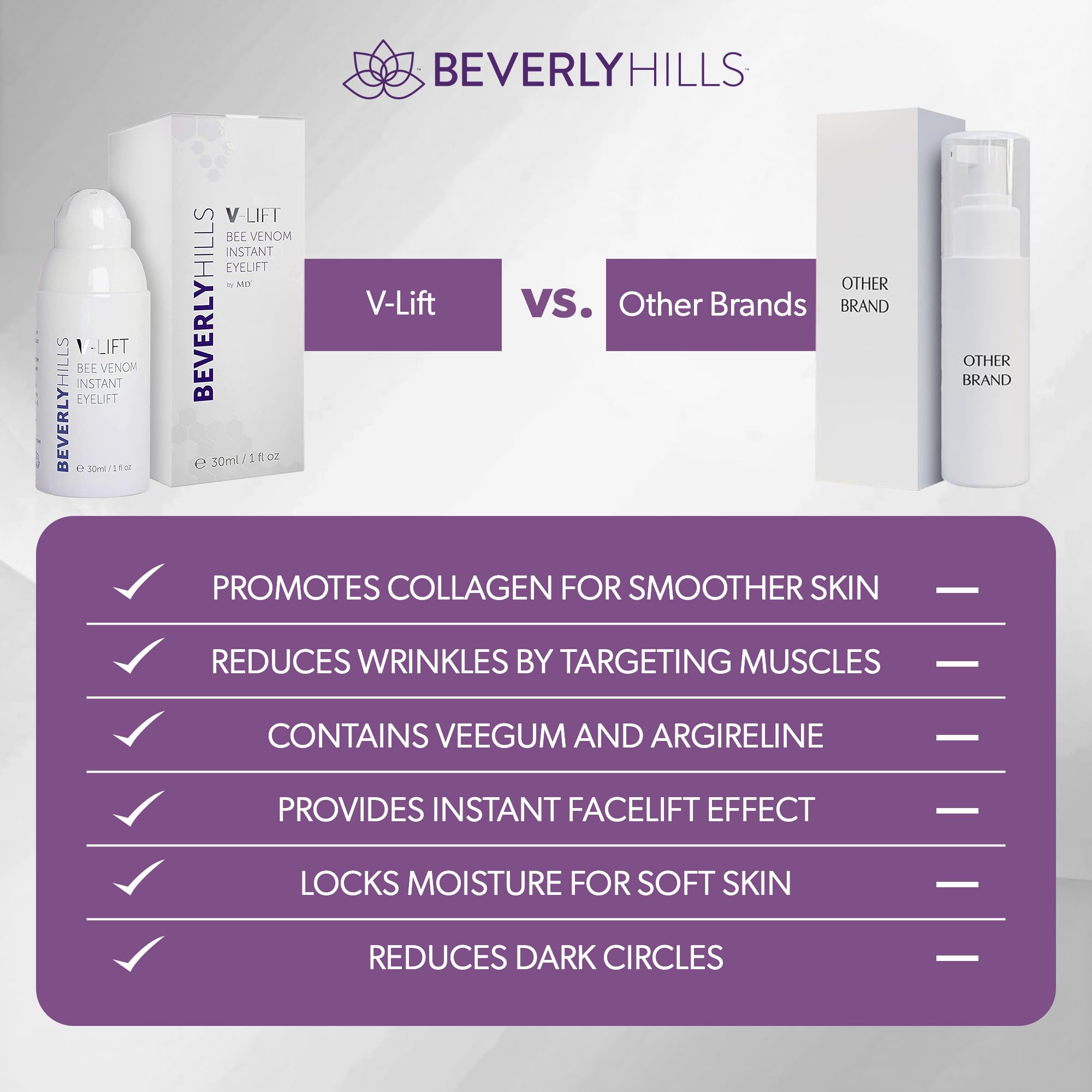 Beverly Hills V-Lift bee venom ingredient highlight on packaging