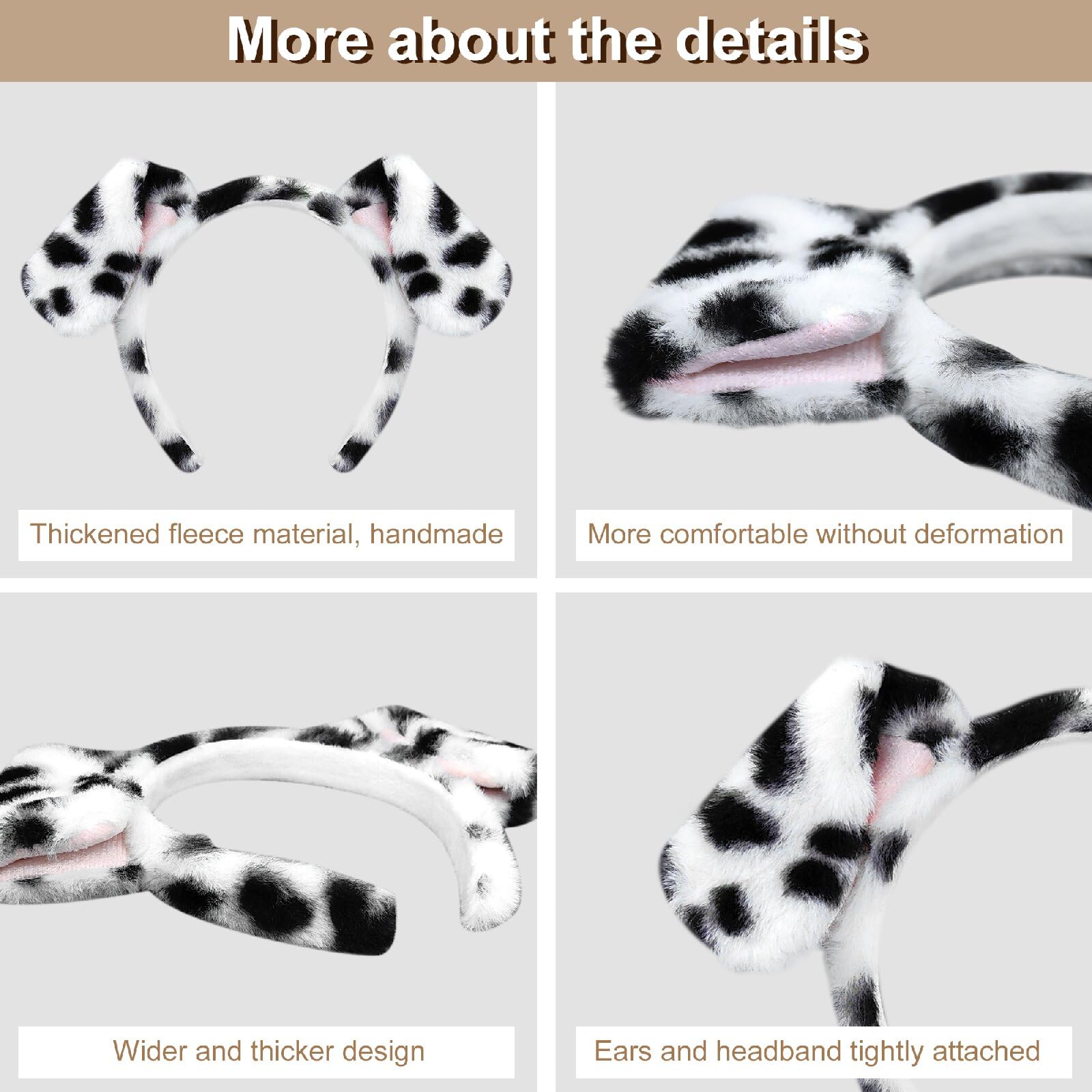 Beviliu bandeau oreilles dalmatien, détail pelage doux, idéal pour costumes et séances photo.