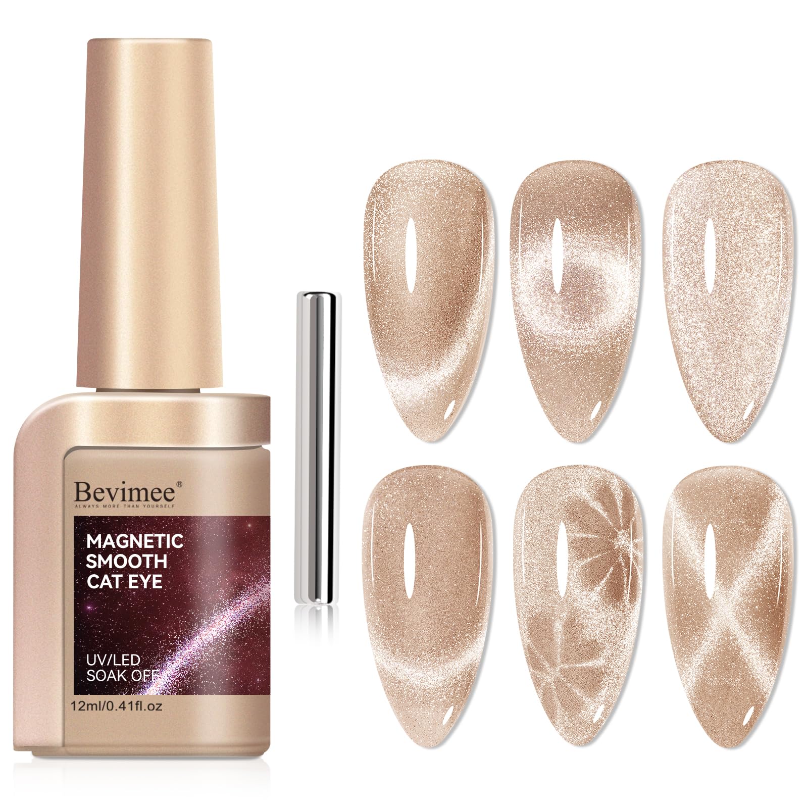 Bevimee Cat Eye Gel Polish with champagne gold glitter catching light for a glamorous look