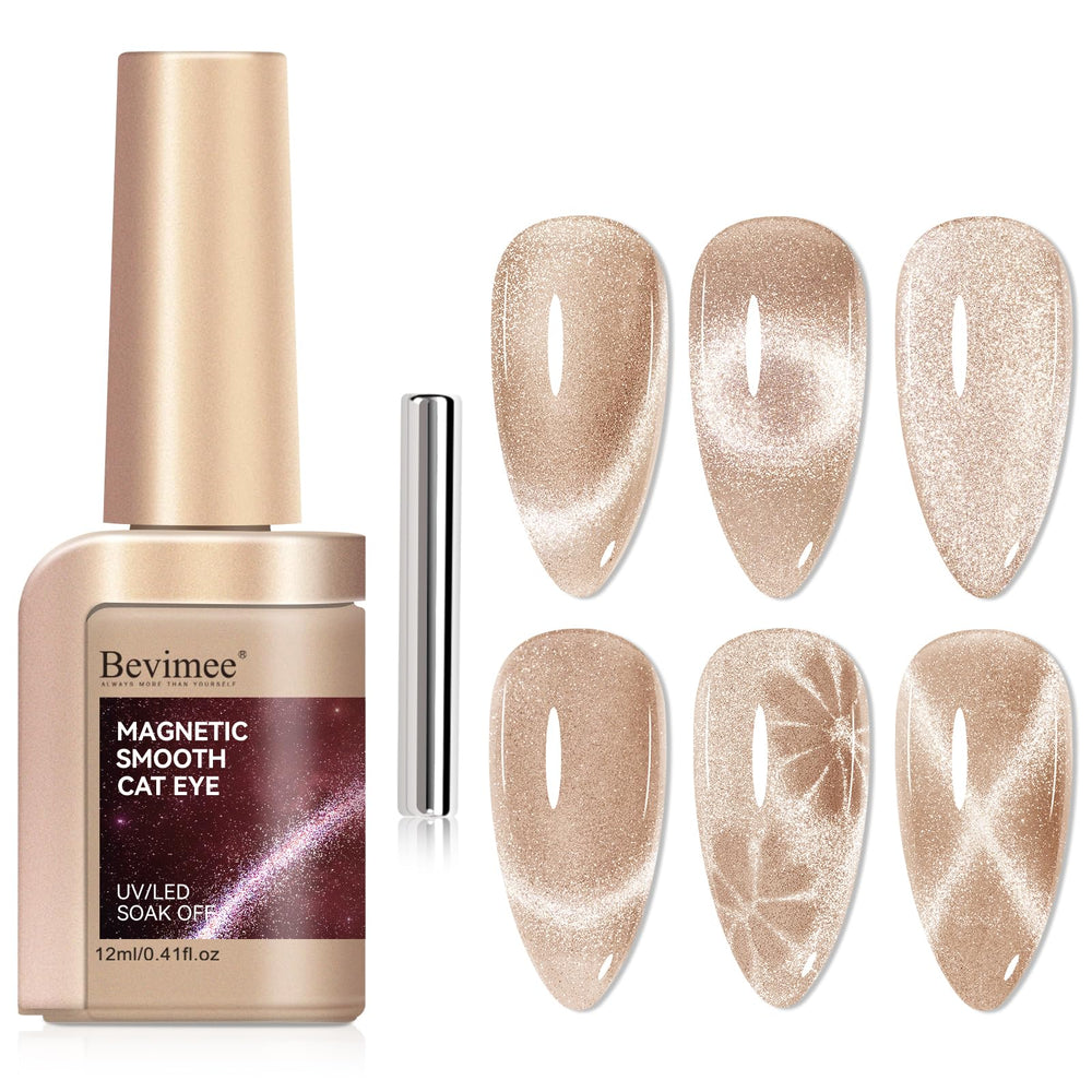 Bevimee Cat Eye Gel Polish with champagne gold glitter catching light for a glamorous look