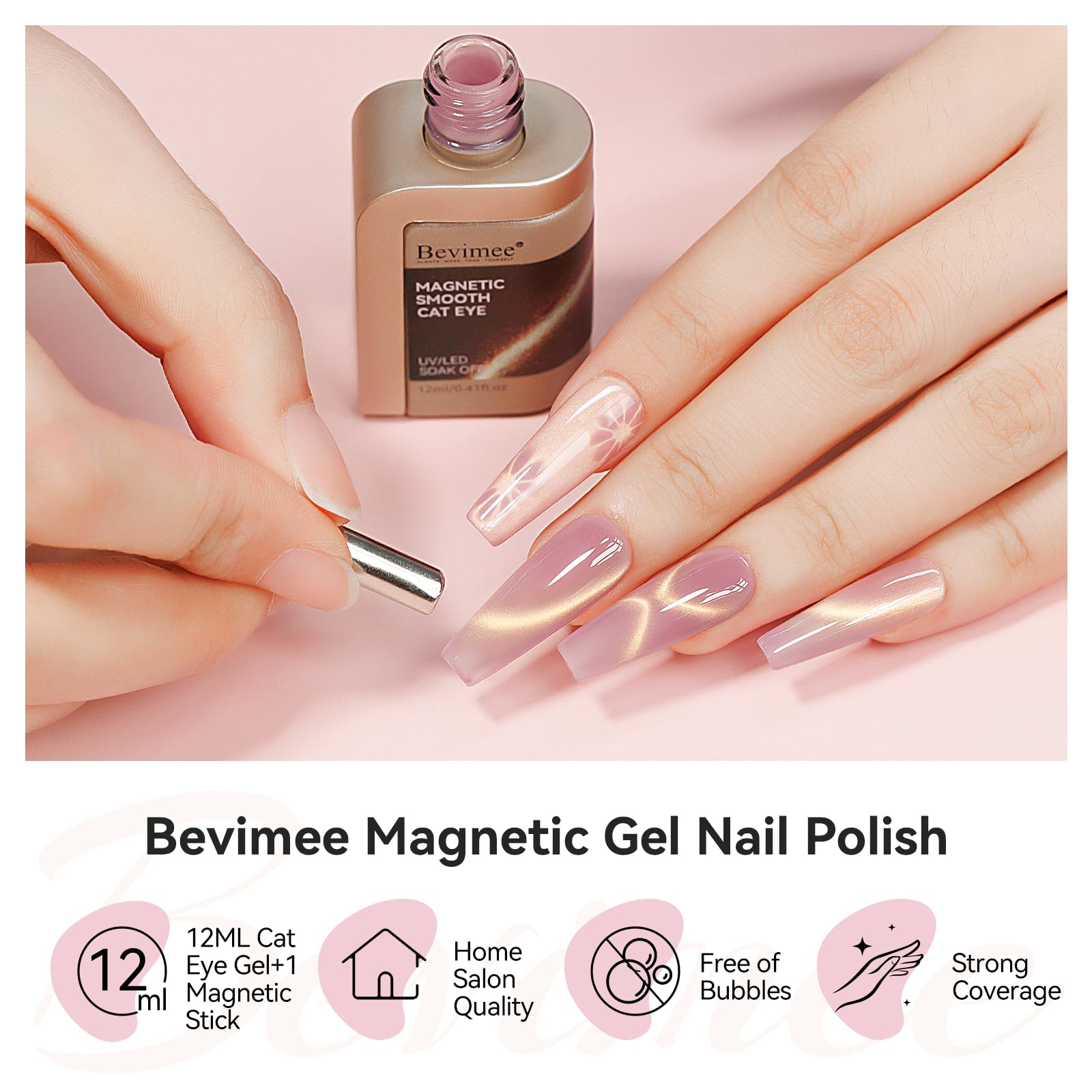 Bevimee Cat Eye Gel Polish delivers high-gloss glass shine that catches light on nails.