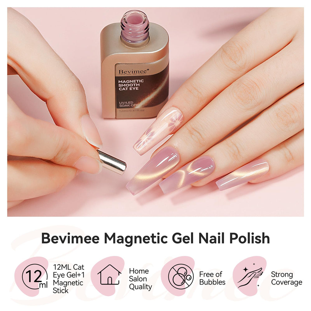 Bevimee Cat Eye Gel Polish delivers high-gloss glass shine that catches light on nails.