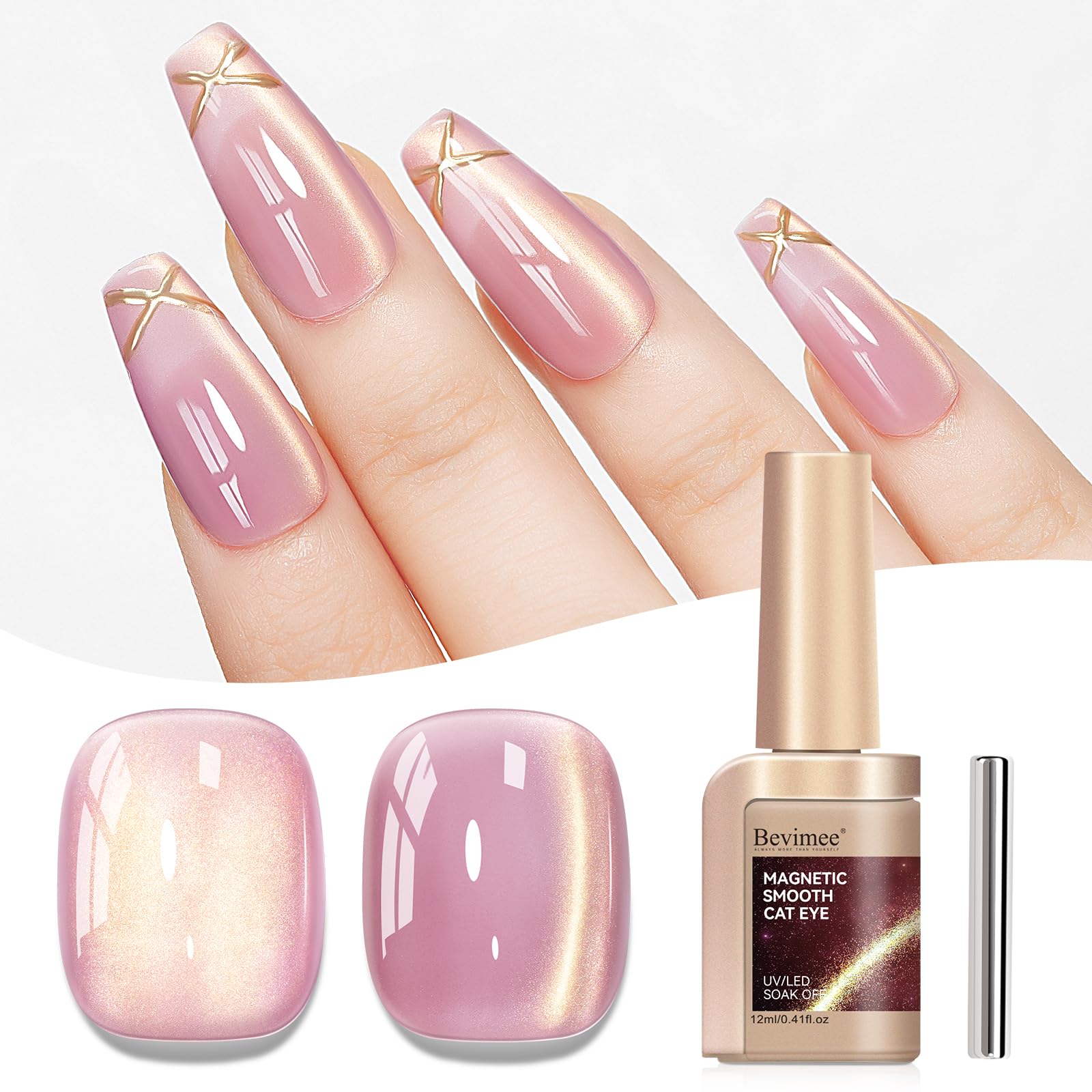 Bevimee Cat Eye Gel Polish bottle with sheer pink glass finish for salon-like nails.