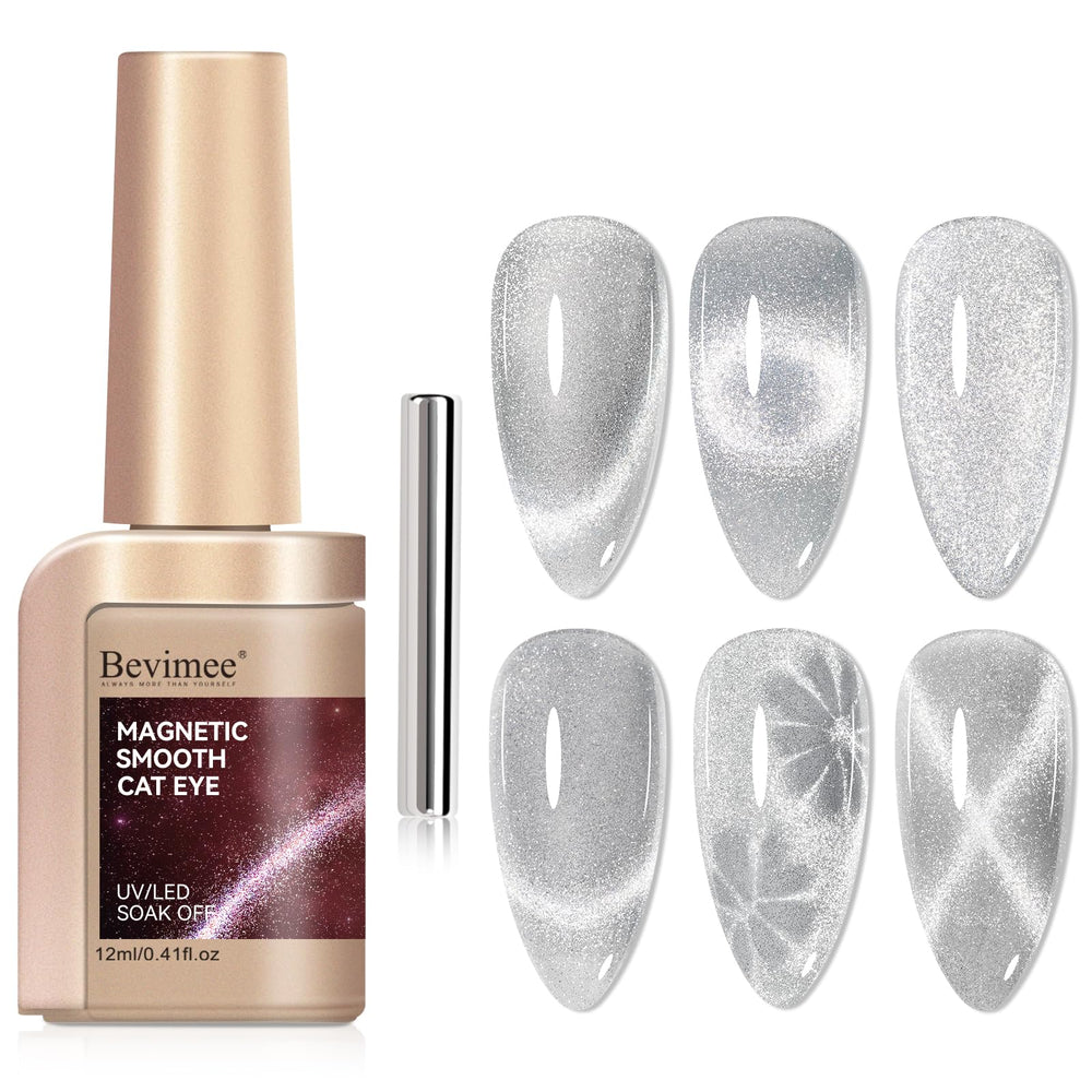 Bevimee cat eye gel polish with silver glitter for shimmering nails at home.