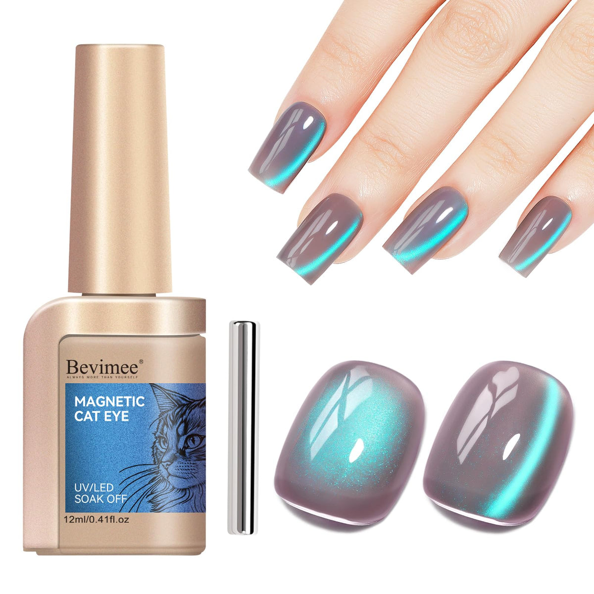Bevimee Cat Eye Gel Polish with glass blue glitter for a dazzling, long-lasting shine.