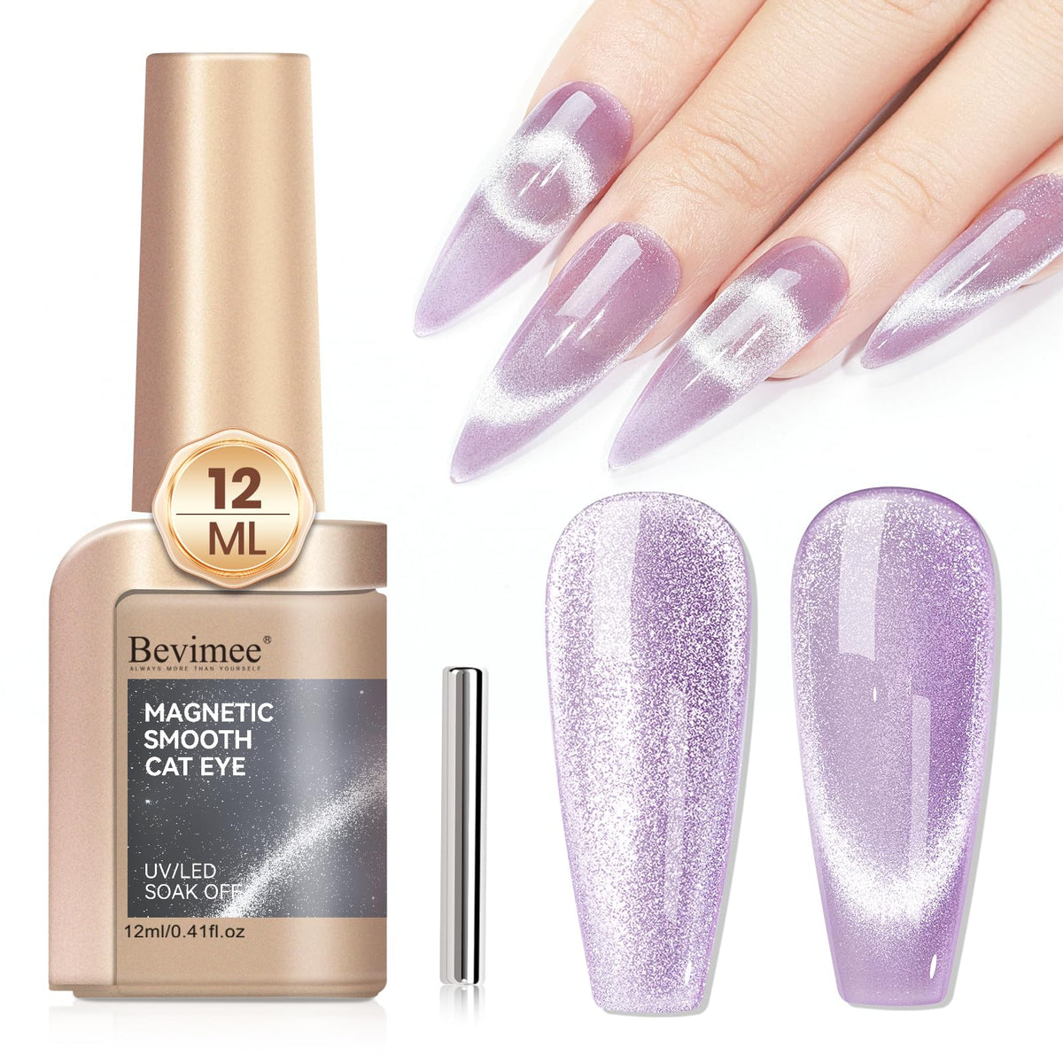 Bevimee Cat Eye Gel Polish Lavender Purple Smoothie shows magnetic shimmer for salon-quality nails.