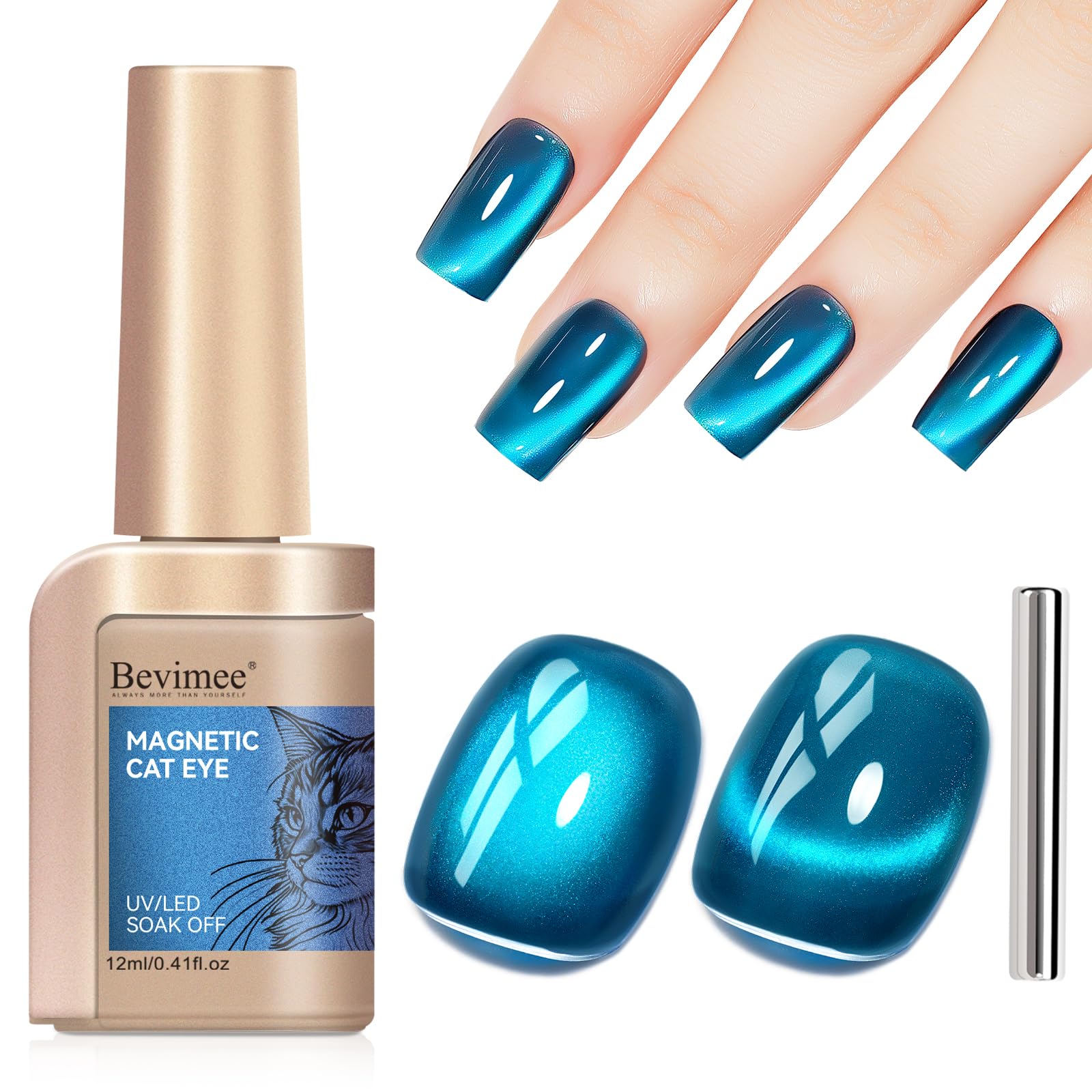 Bevimee Cat Eye Gel Polish in sea blue jelly shows shimmering depth for stylish nails.