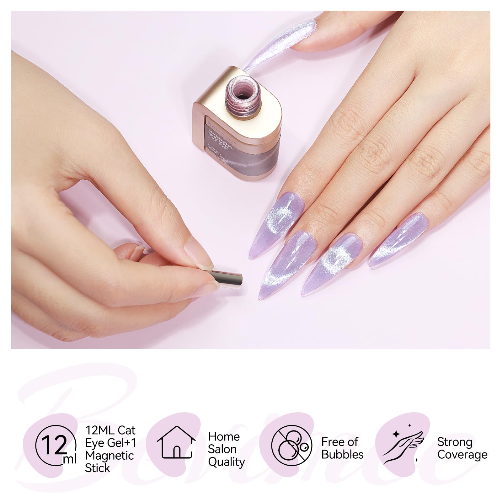 Bevimee Cat Eye Gel Nail Polish curing under lamp for 90-120 seconds.