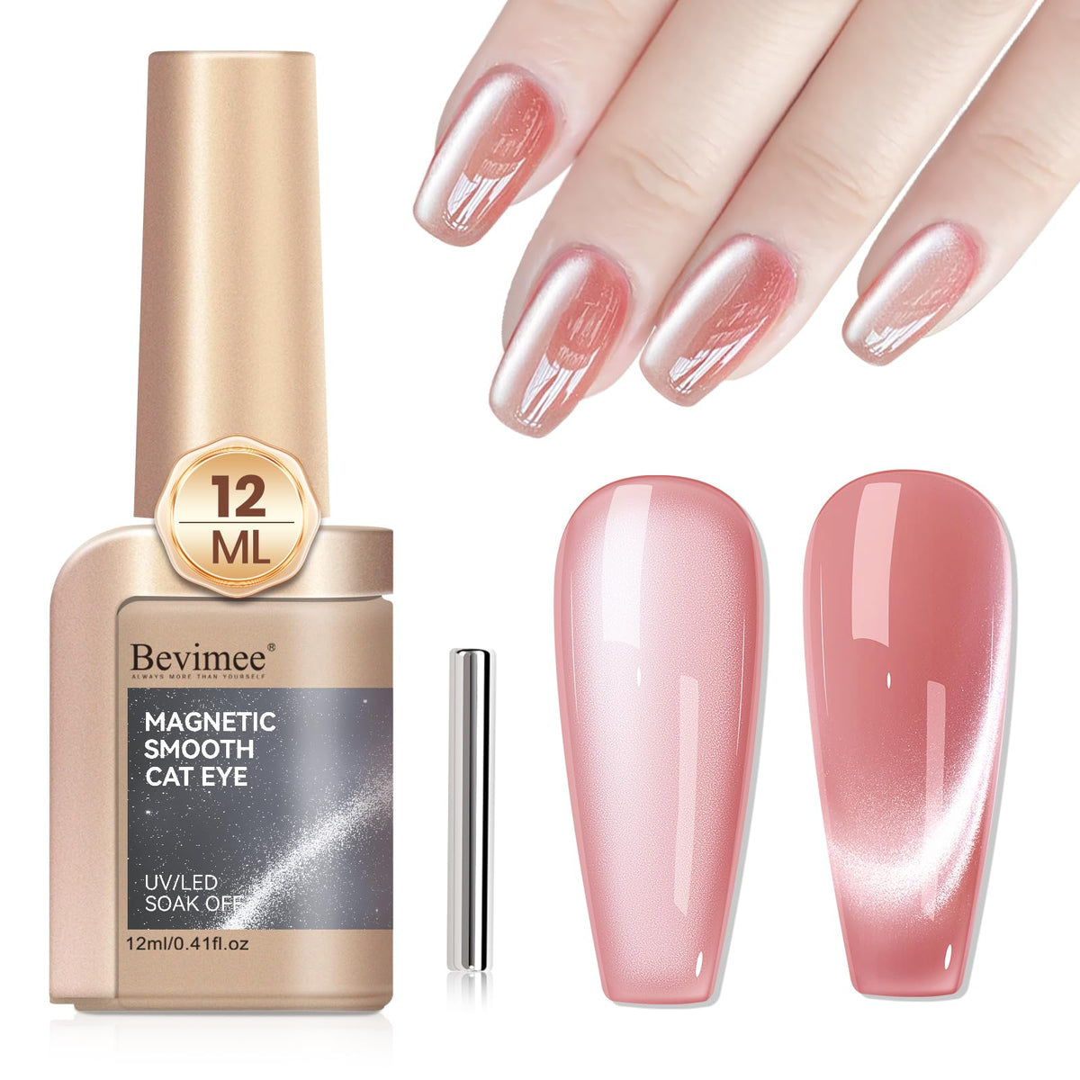 Bevimee Cat Eye Nude Pink bottle shows magnetic shimmer for chic nails.