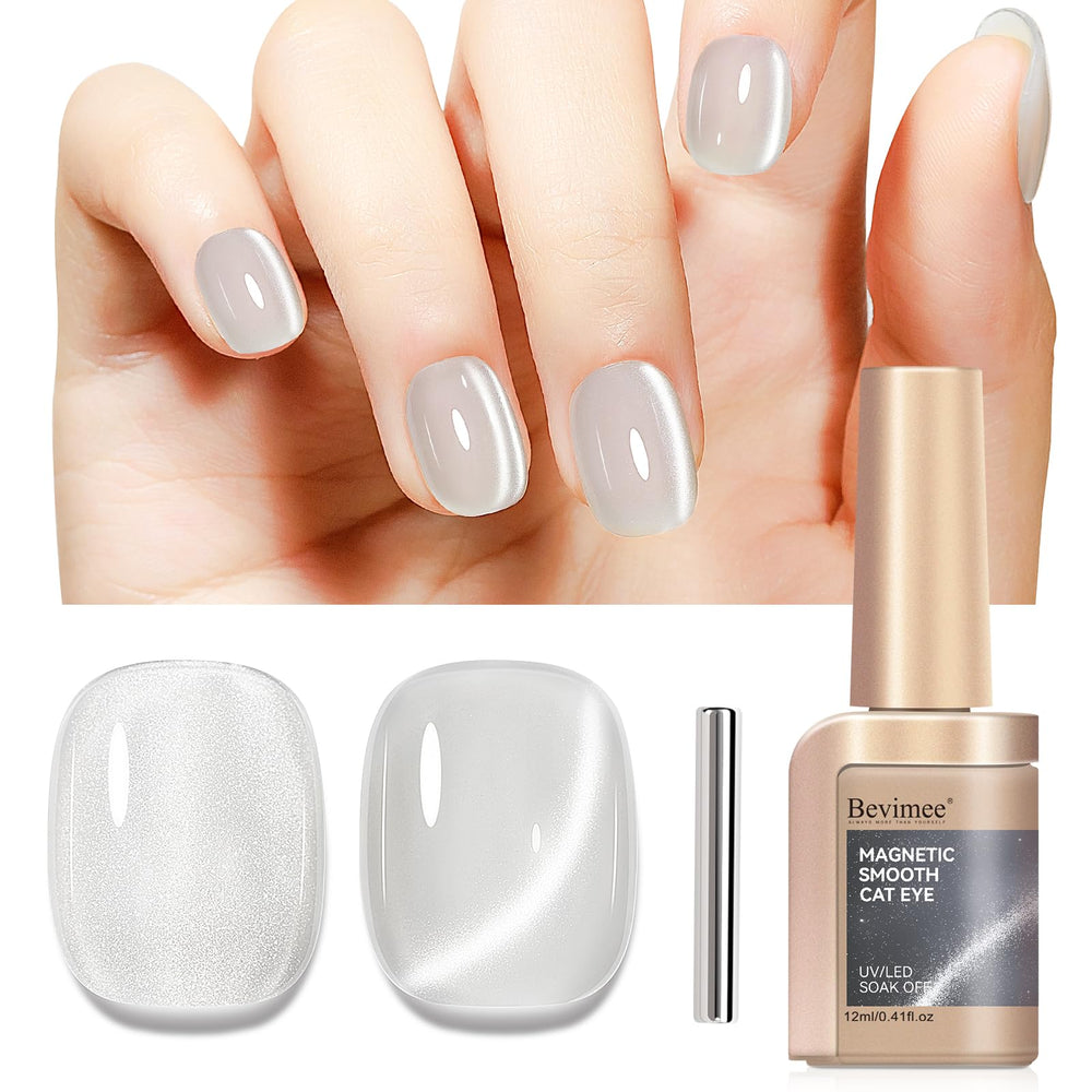 Bevimee Cat Eye Polish bottle swatch reveals silver jelly shimmer and high-gloss finish.