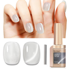 Bevimee Cat Eye Polish bottle swatch reveals silver jelly shimmer and high-gloss finish.