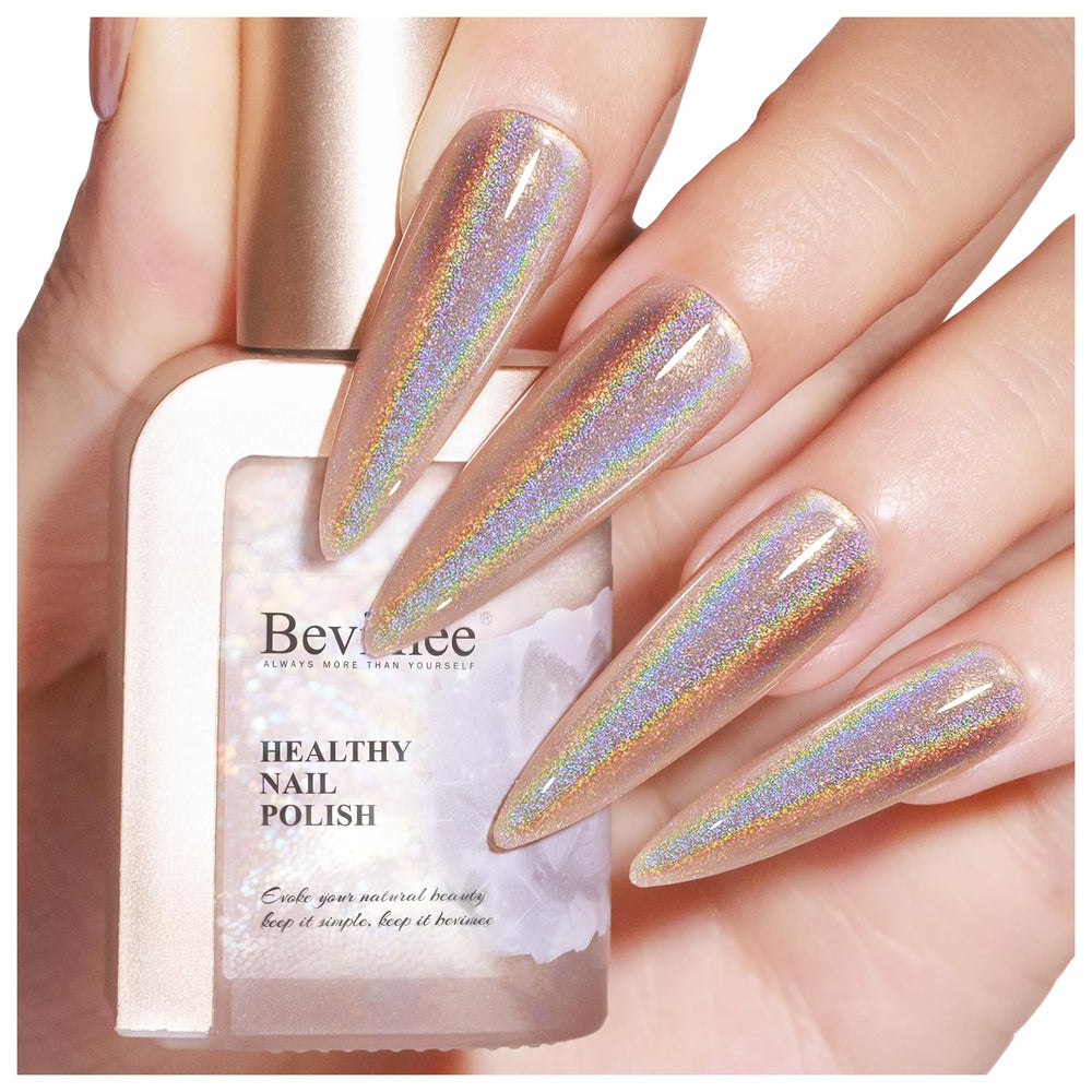 Bevimee champagne holo bottle with radiant shimmer under light