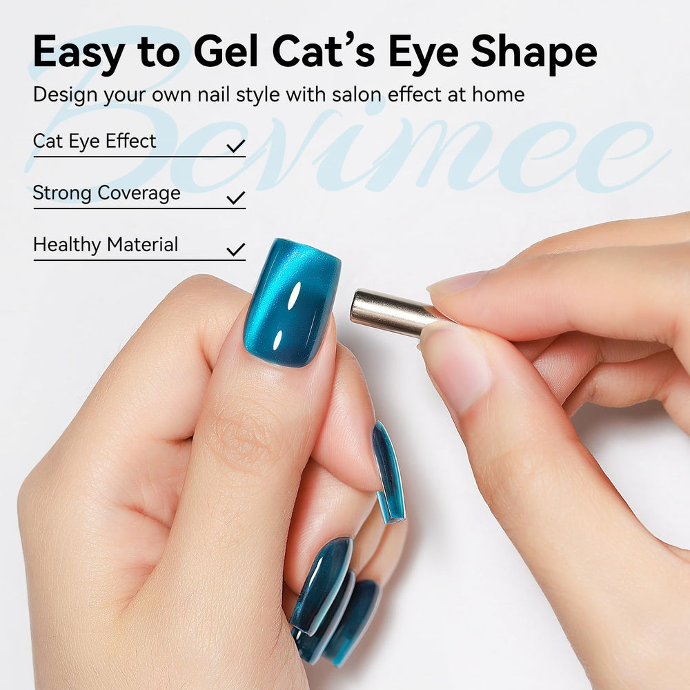 Bevimee Cat Eye Gel Polish with crystal glitter and sea-blue glow.
