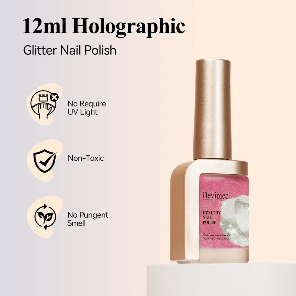 Bevimee Glitter Nail Polish holographic-finish reflects light from multiple angles.