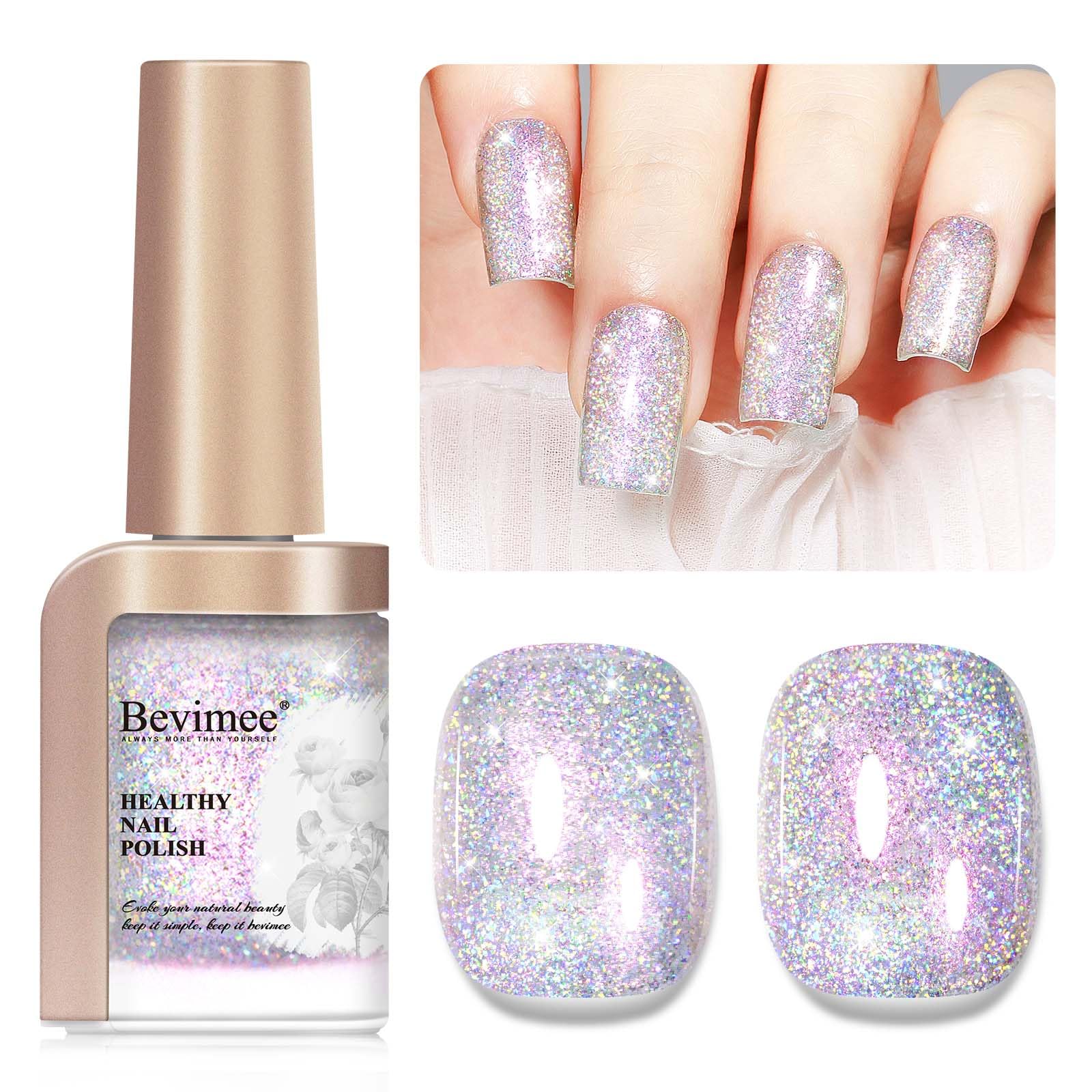 Bevimee glitter silver nail polish bottle shows iridescent sparkle for eye-catching nails.