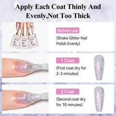 Bevimee glitter silver nail polish brush applying smooth, quick-dry coverage.