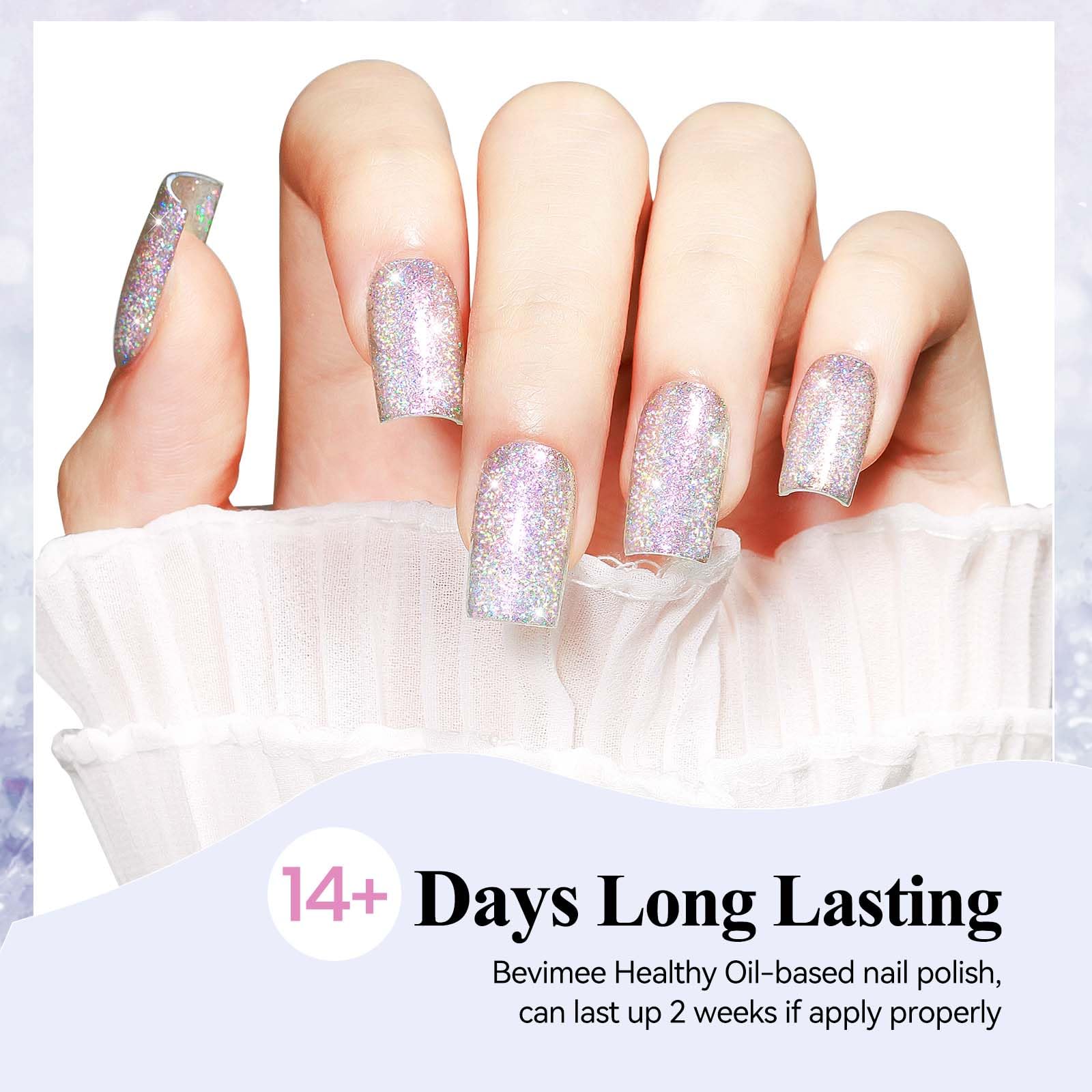 Bevimee glitter silver on-nails displays reflective finish ideal for events.