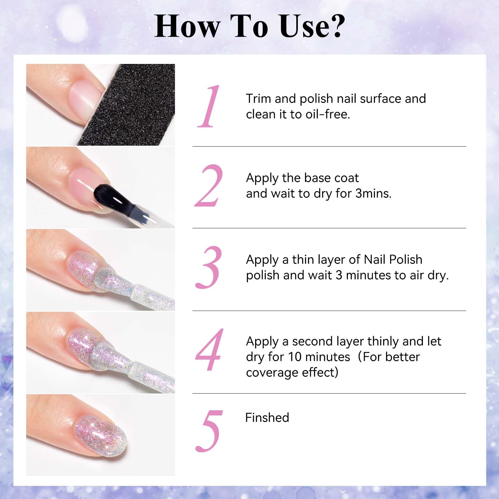 Bevimee glitter silver vegan-friendly formula supports gentle nail care.