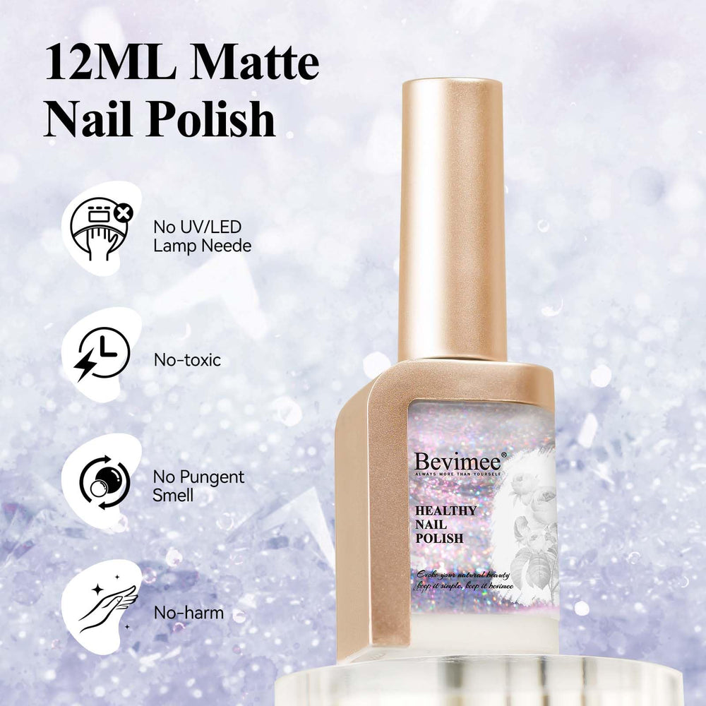Bevimee glitter silver wear-shine demonstrates long-lasting gloss on vibrant nails.