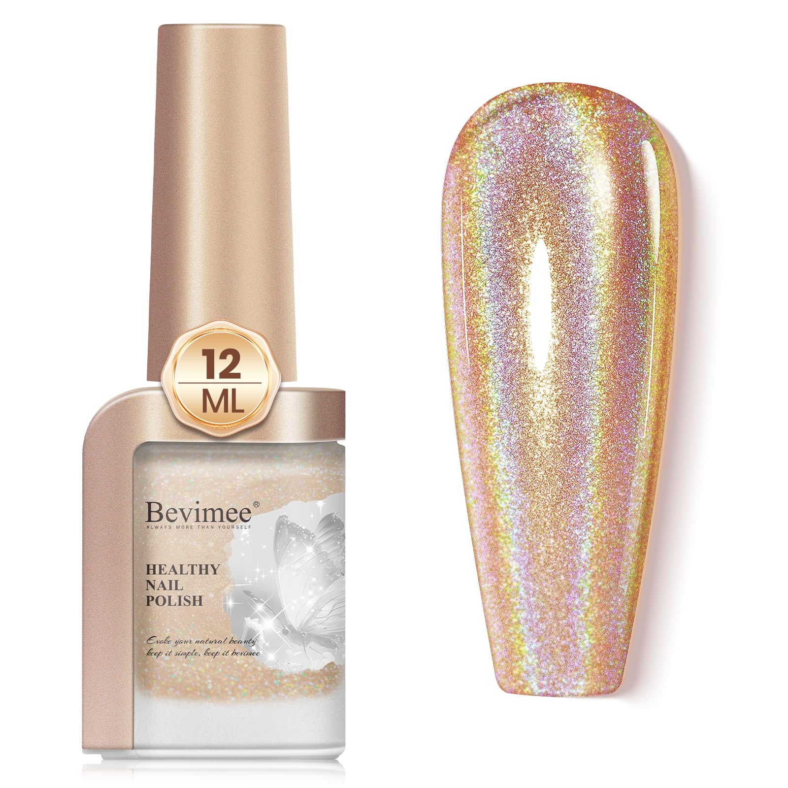 Bevimee holographic nail polish bottle close-up showing iridescent shimmer