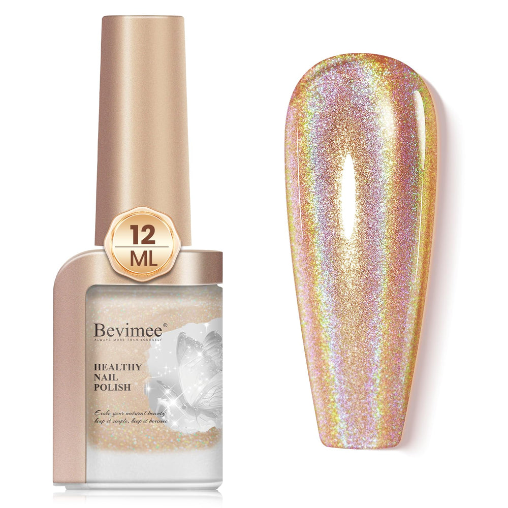 Bevimee holographic nail polish bottle close-up showing iridescent shimmer