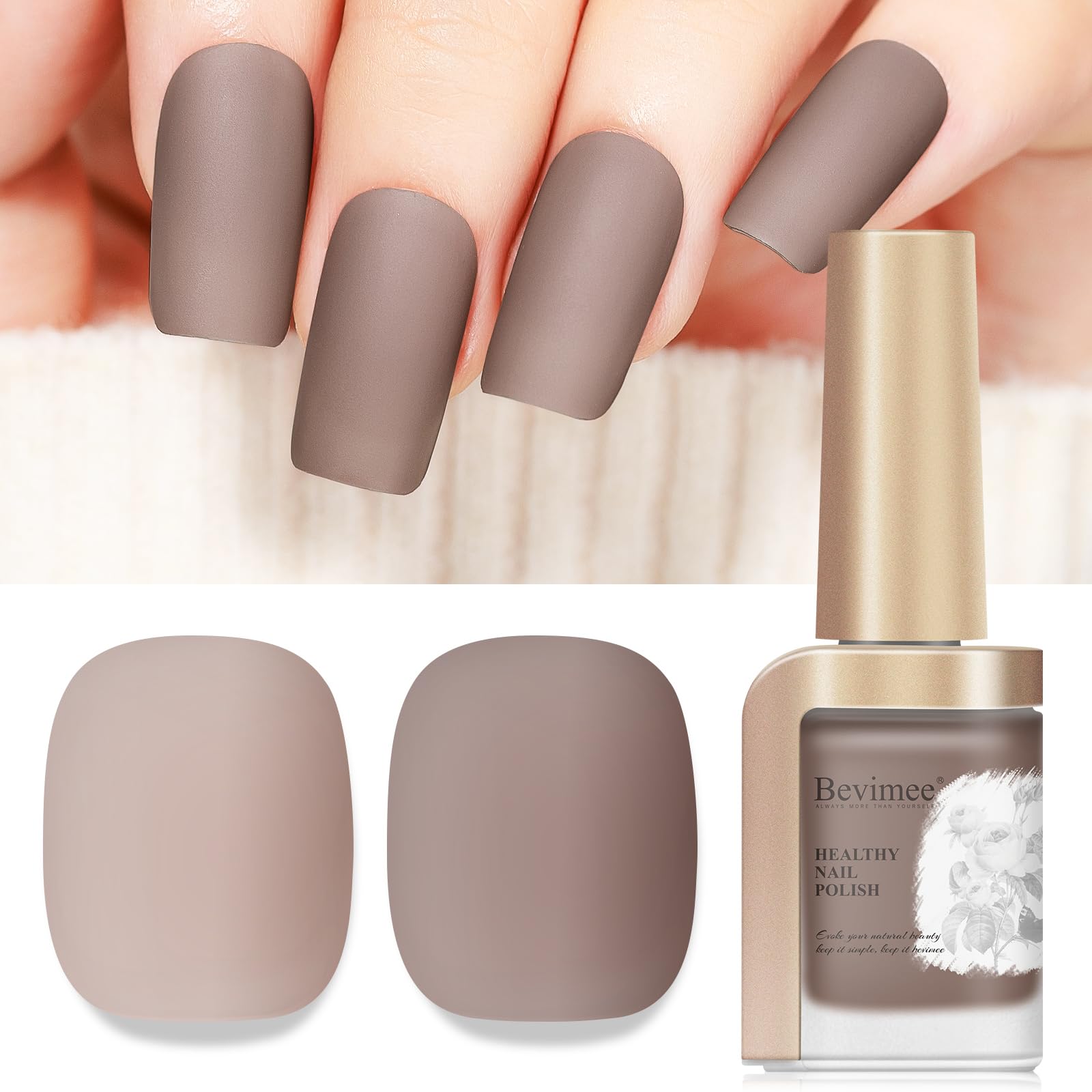 Bevimee matte nail polish in a brown bottle delivering a smooth velvet matte finish.